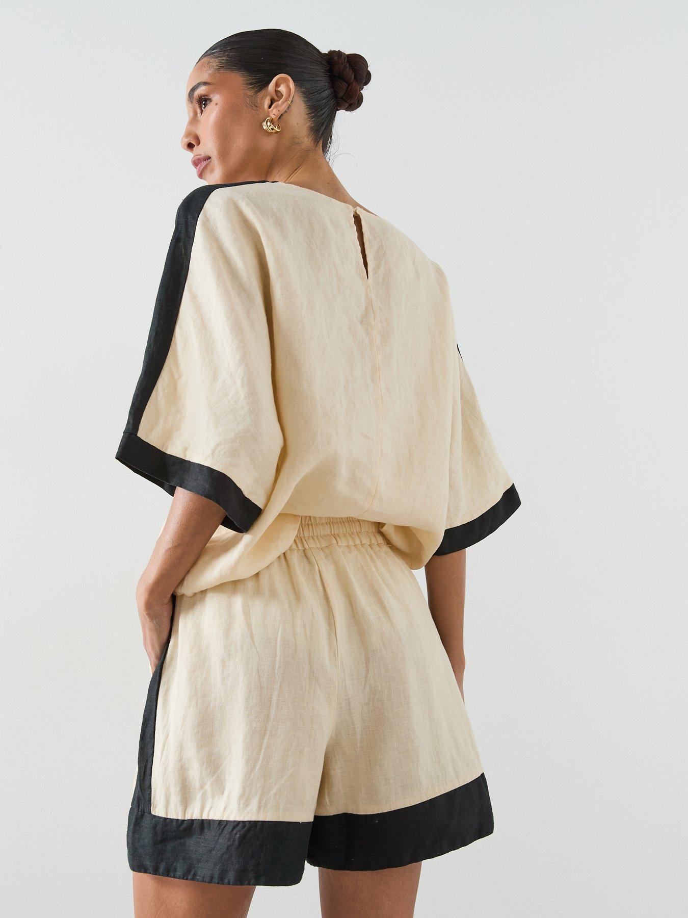 Image 2 of 6 of Mango Contrast Stripe Linen Shorts - Cream