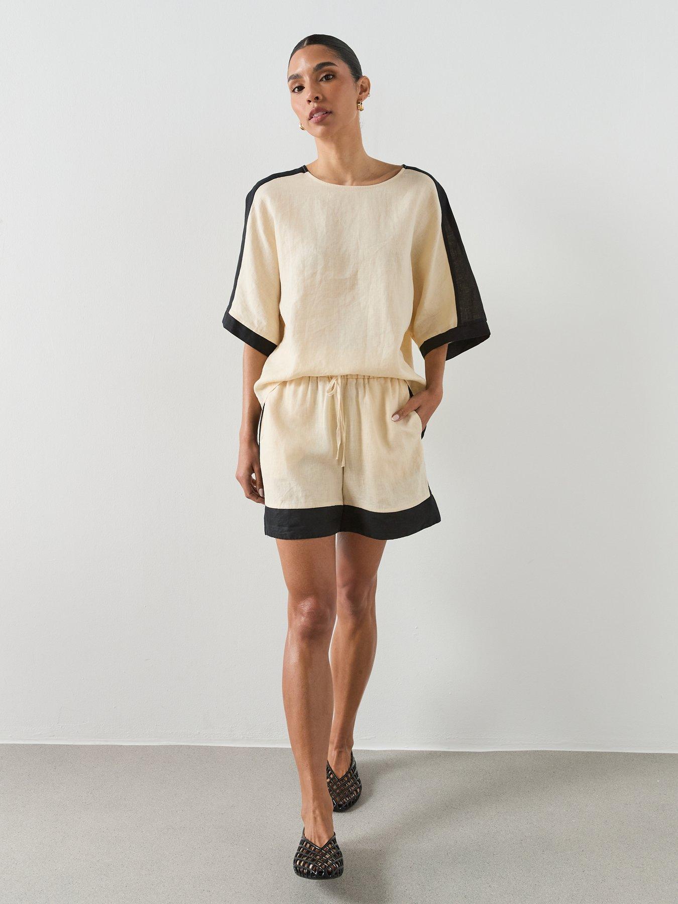 Image 3 of 6 of Mango Contrast Stripe Linen Shorts - Cream
