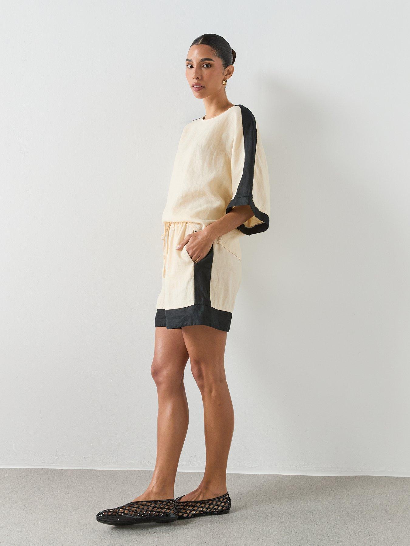 Image 6 of 6 of Mango Contrast Stripe Linen Shorts - Cream