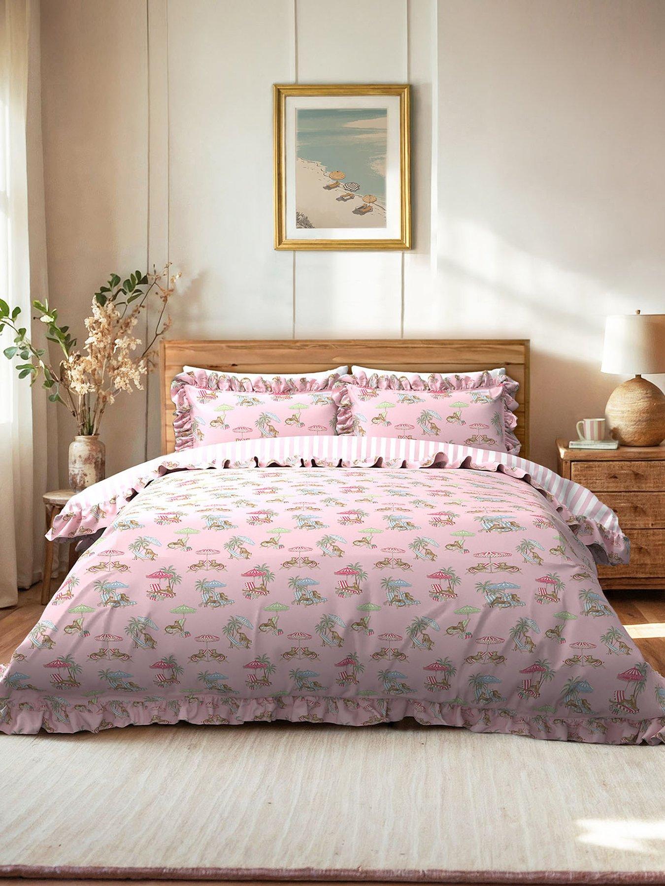 CHELSEA PEERS Lounging Leopards Stripe Print Reversible Frill 100% Cotton Duvet Set - Pink