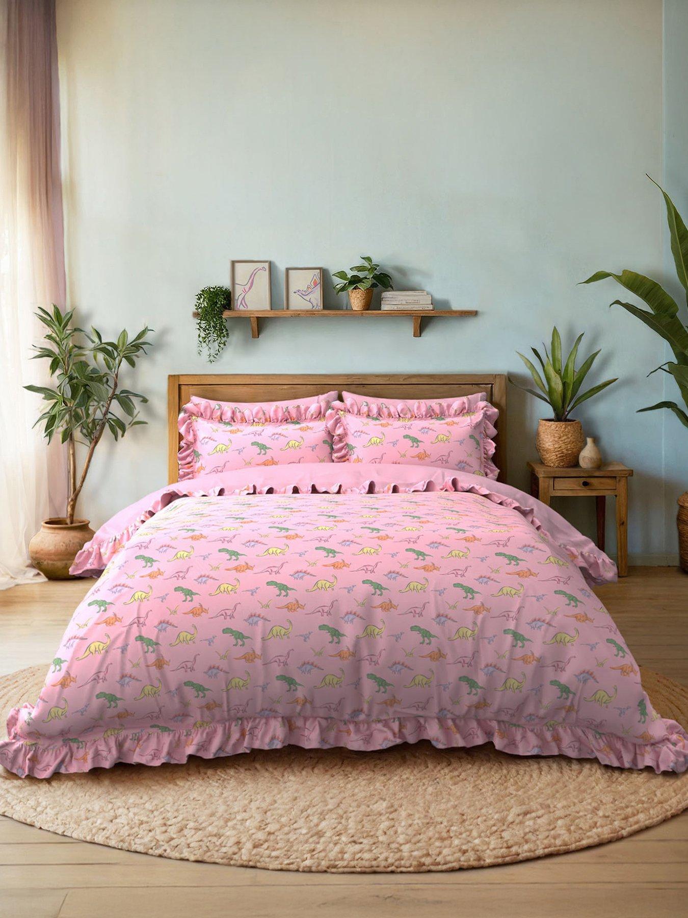chelsea-peers-dinosaur-print-reversible-frill-100-cotton-duvet-set-pink