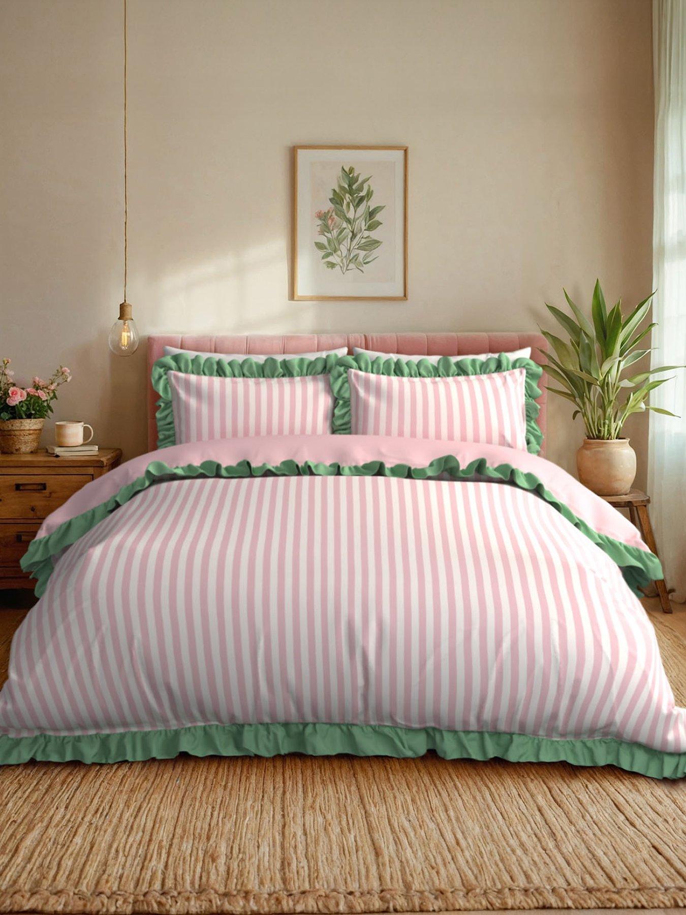 CHELSEA PEERS Stipe Reversible Frill 100% Cotton Duvet Set - Pink  &  White