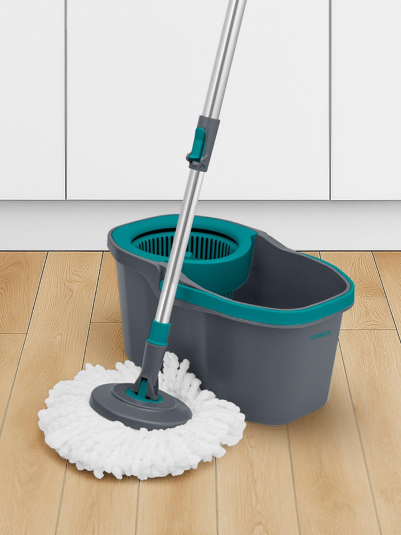 Tower Compact Spin Mop  &  4.5L Bucket Set, 2 Microfibre Mop Heads, Anthracite  &  Teal