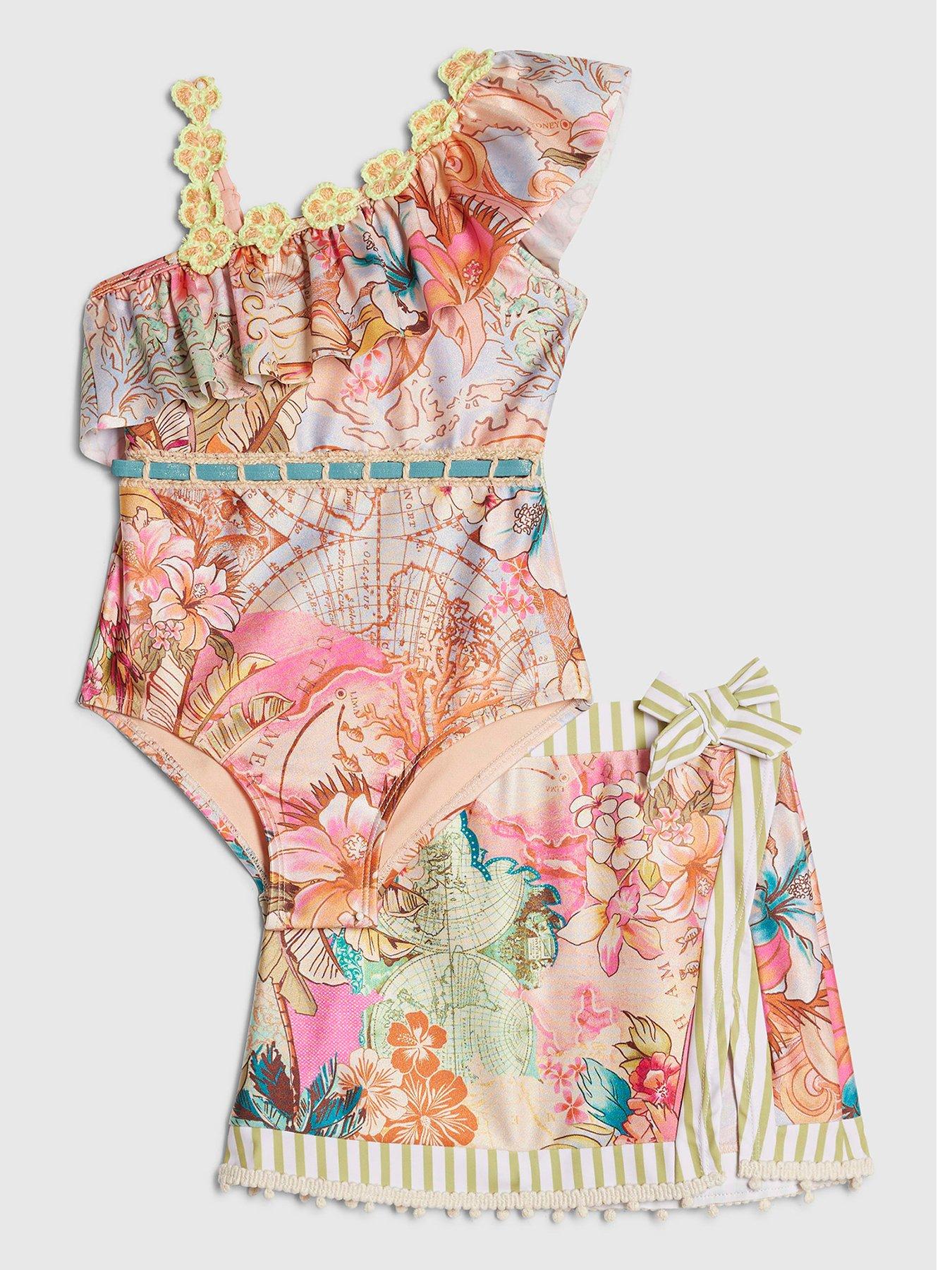 River Island Mini Girls Del Maar Floral Swimsuit And Skirt Set - Orange