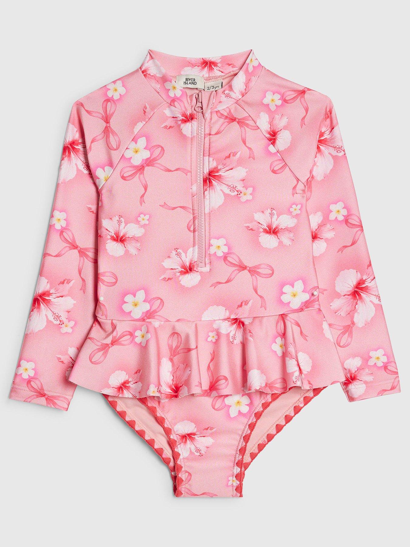 River Island Mini Girls Hibiscus Long Sleeve Swimsuit - Pink