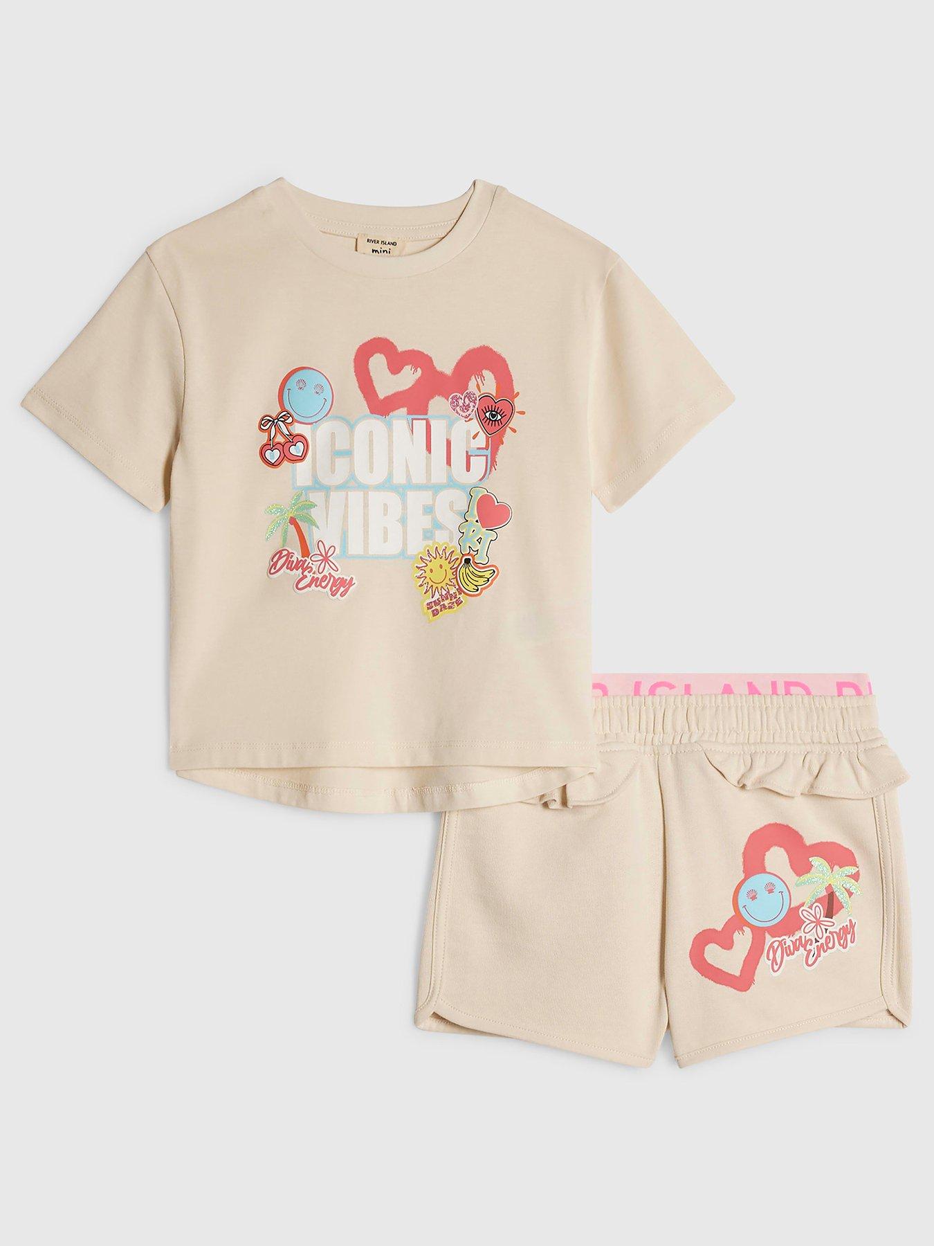 River Island Mini Girls Iconic Vibes Shorts Set - Cream