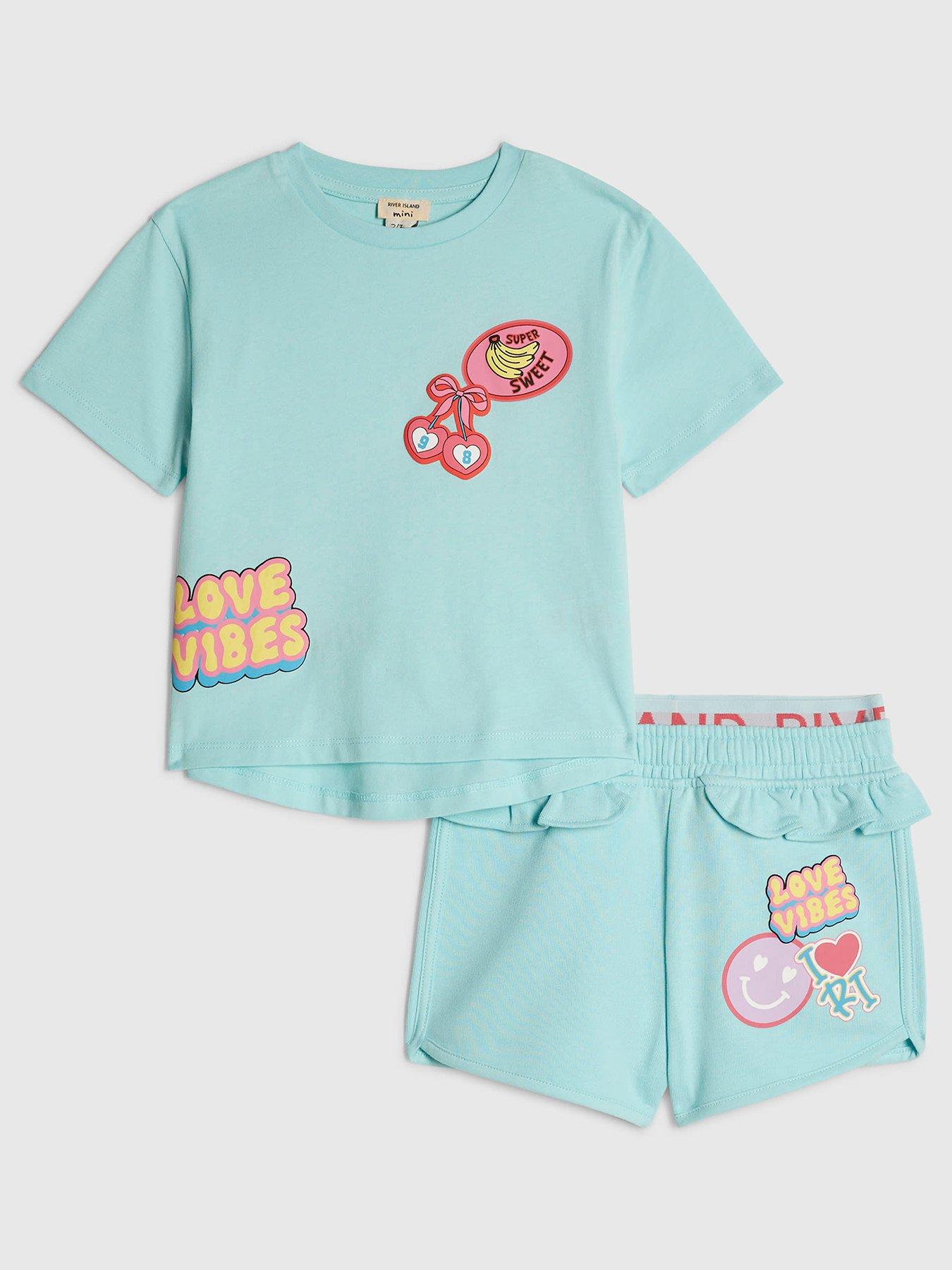 River Island Mini Girls Love Vibes Back Print Shorts Set - Blue - Green