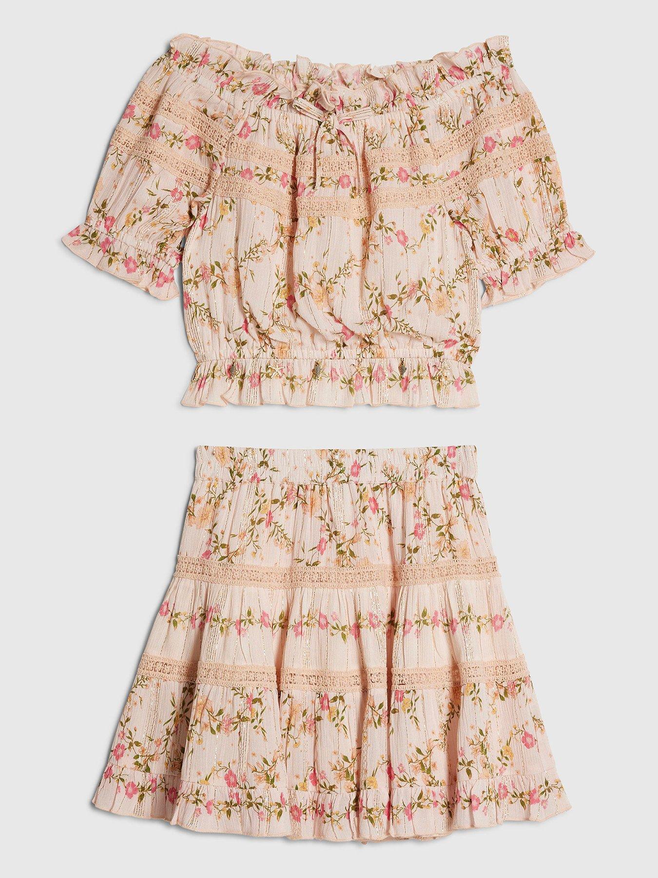 River Island Older Girls Floral Ditsy Top And Skirt Set - Pink
