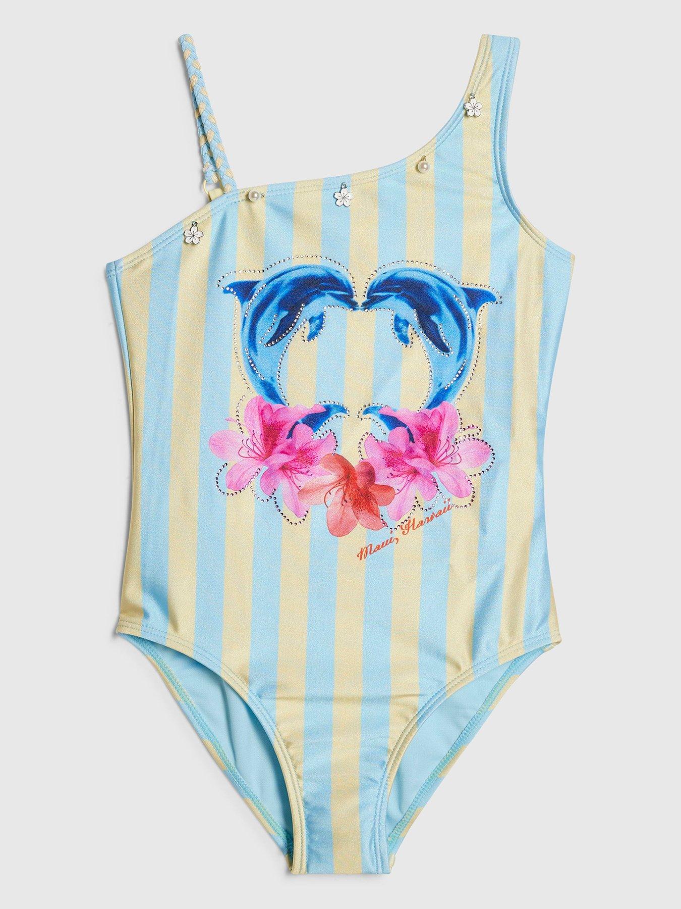 River Island Older Girls Dolphin Stripe Swimsuit - Blue