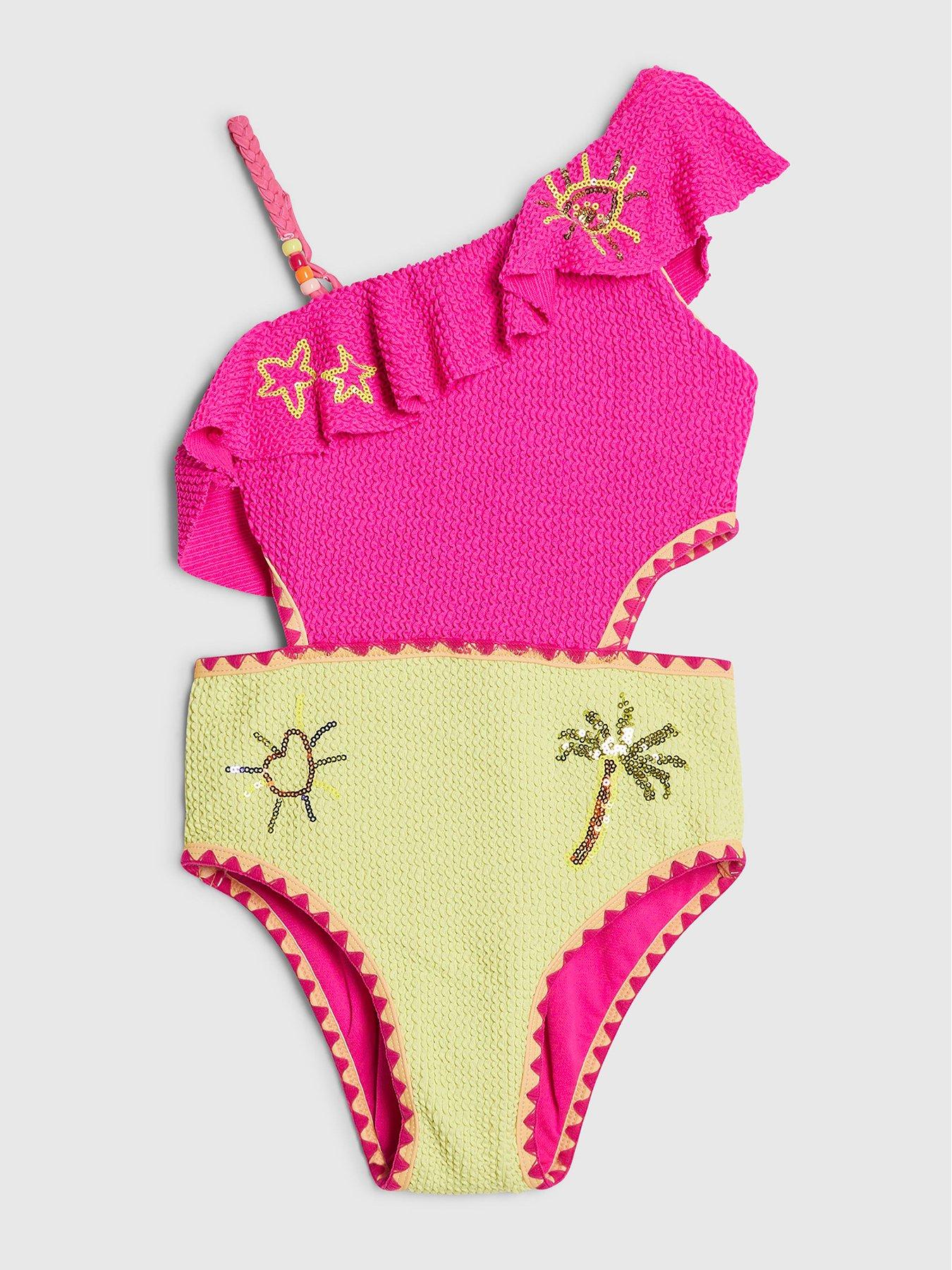 Image 1 of 4 of River Island Older Girls Frilled Textured Embellished Swimsuit - Pink