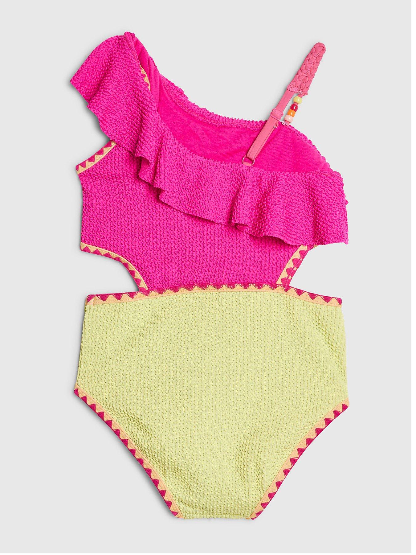 Image 2 of 4 of River Island Older Girls Frilled Textured Embellished Swimsuit - Pink