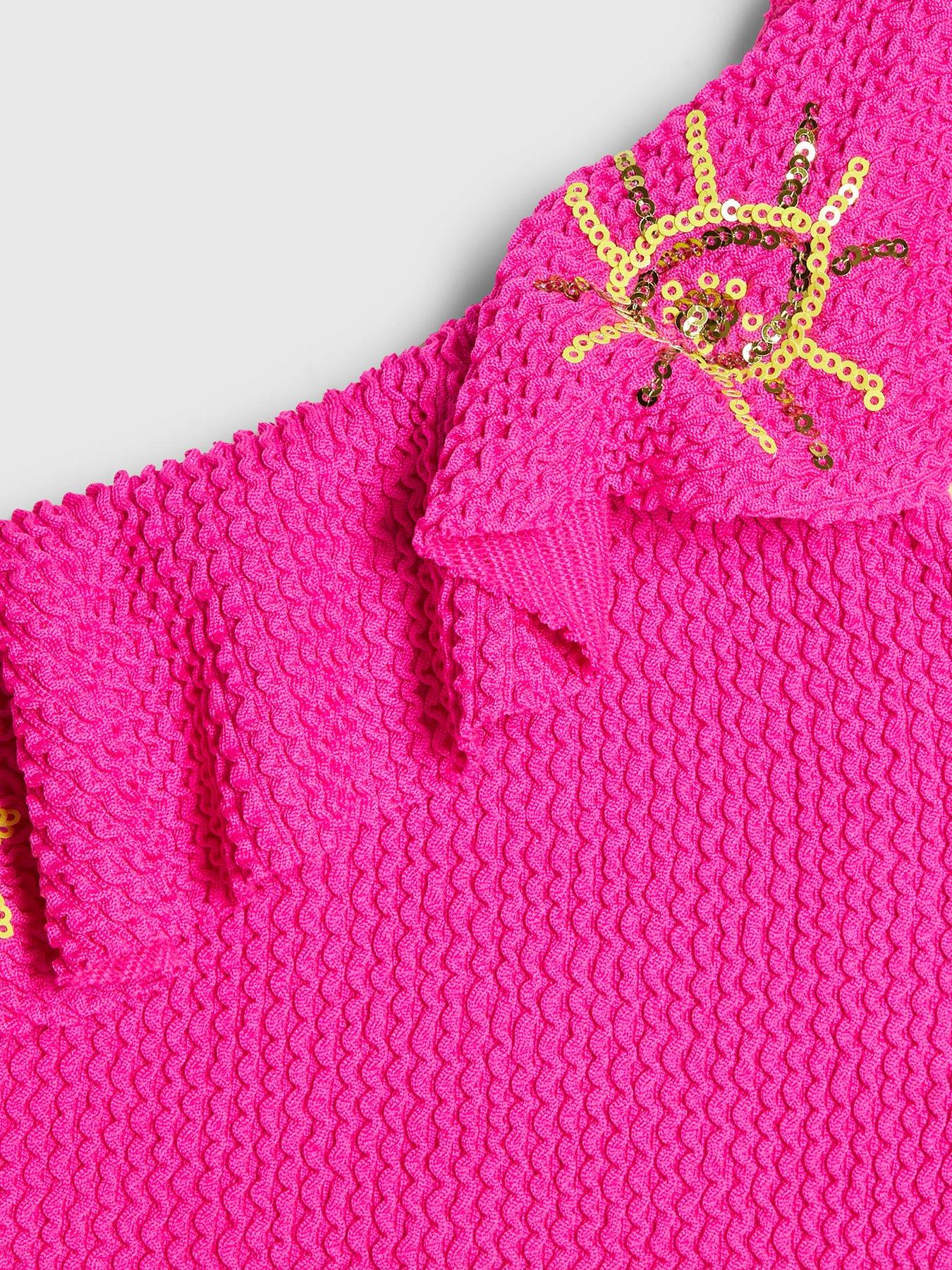 Image 3 of 4 of River Island Older Girls Frilled Textured Embellished Swimsuit - Pink