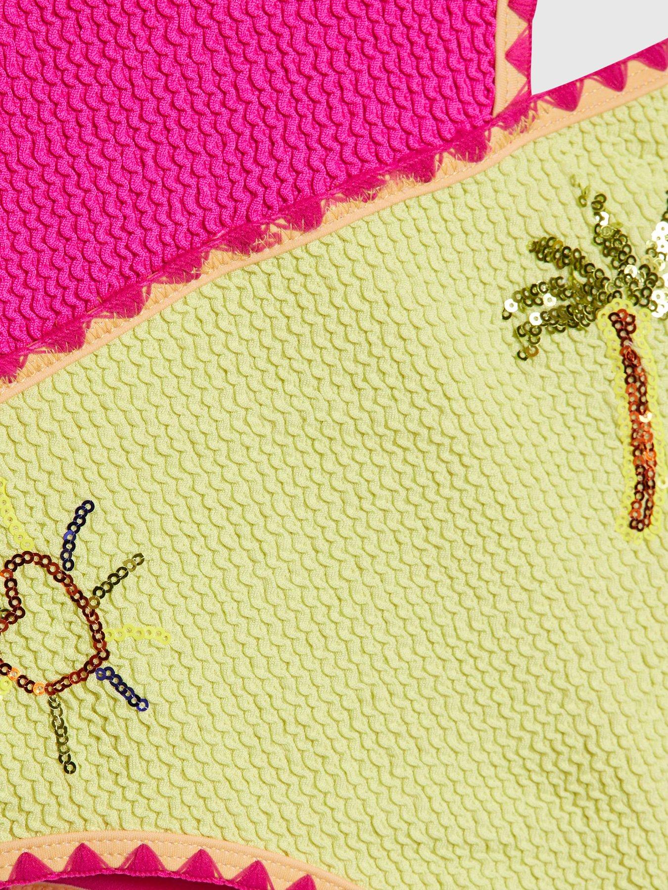 Image 4 of 4 of River Island Older Girls Frilled Textured Embellished Swimsuit - Pink