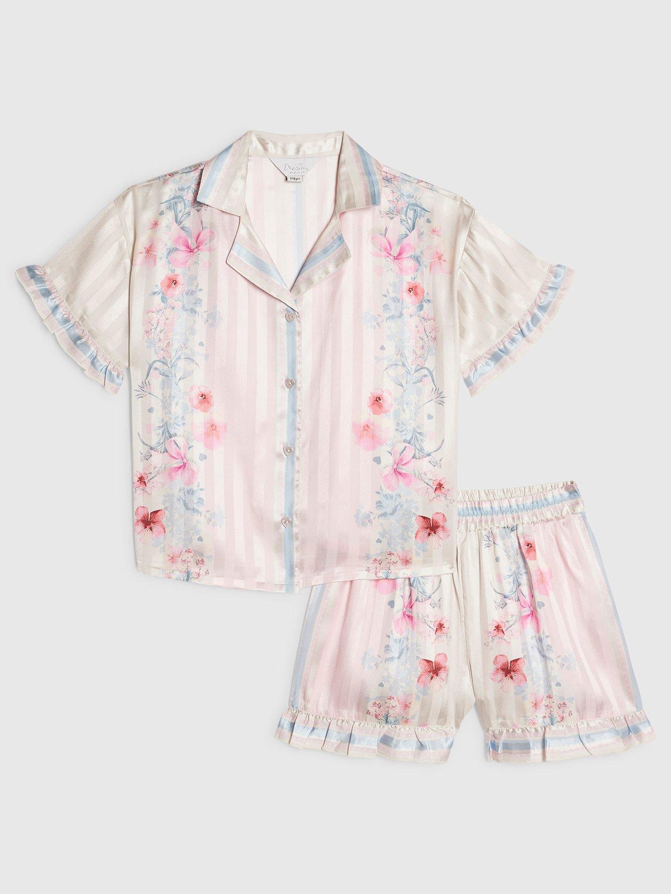 Image 1 of 4 of River Island Older Girls Floral Border Satin Stripe Pyjamas - Pink