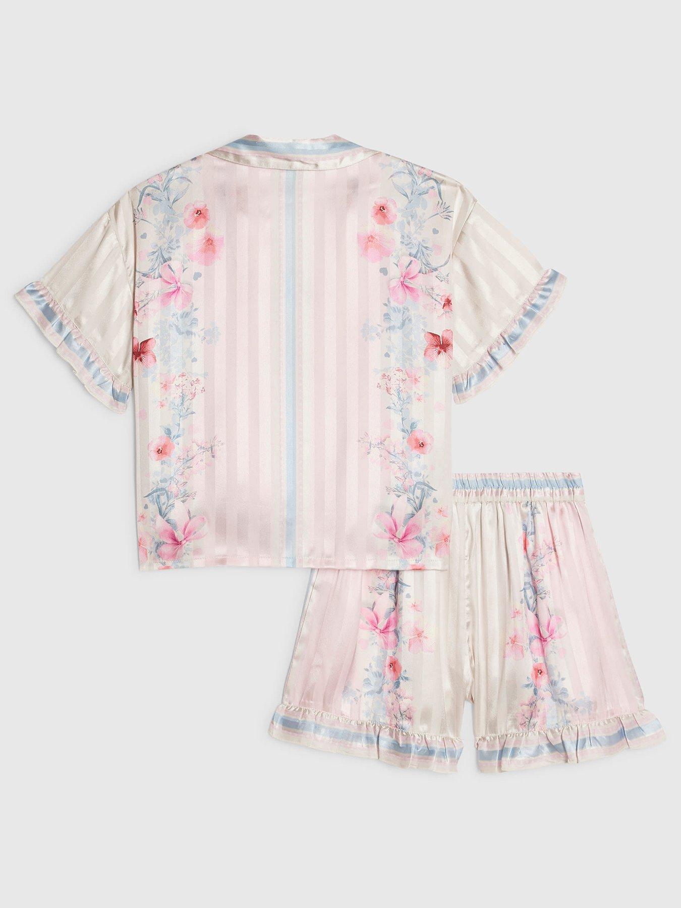 Image 2 of 4 of River Island Older Girls Floral Border Satin Stripe Pyjamas - Pink