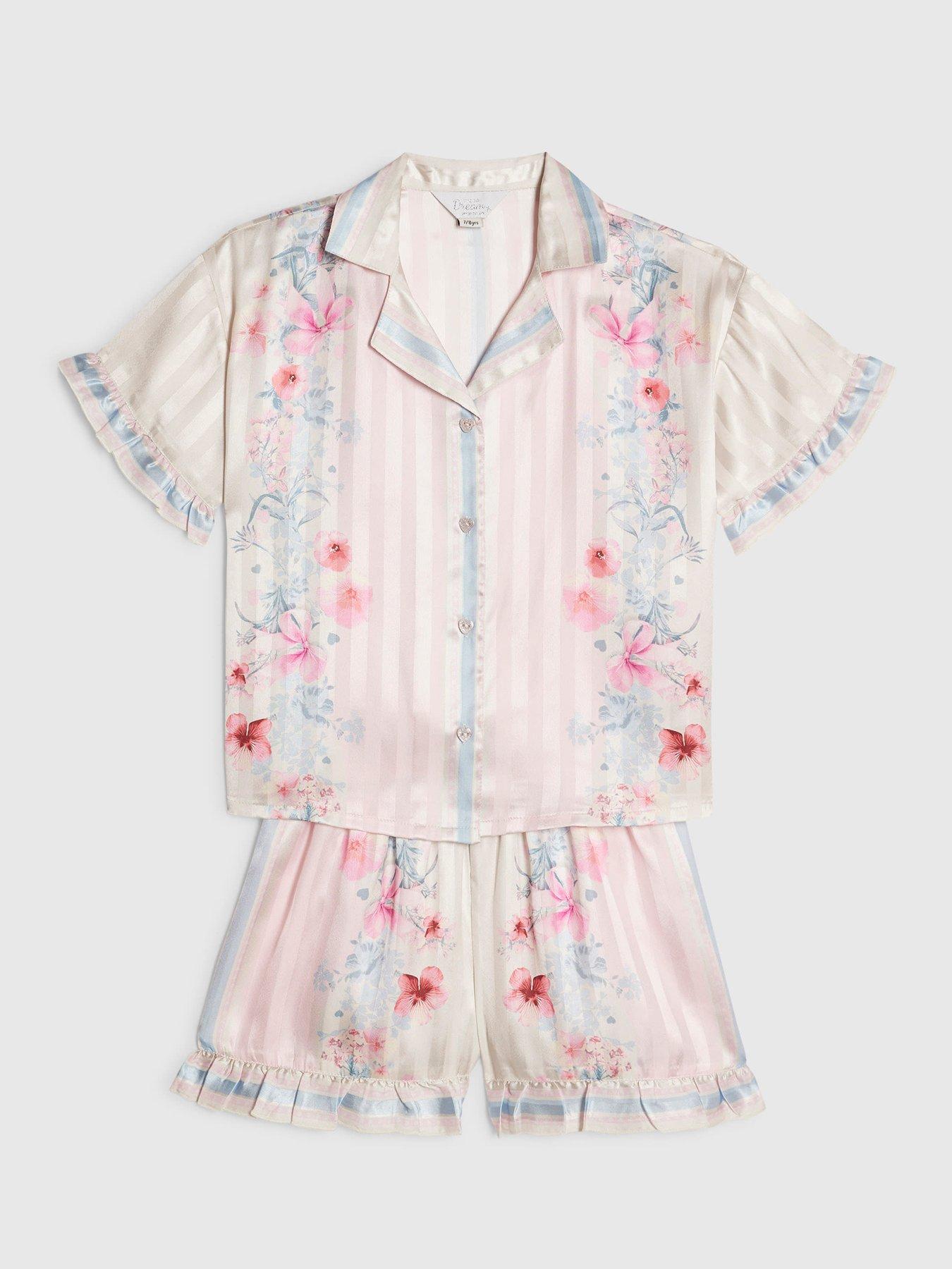 Image 3 of 4 of River Island Older Girls Floral Border Satin Stripe Pyjamas - Pink