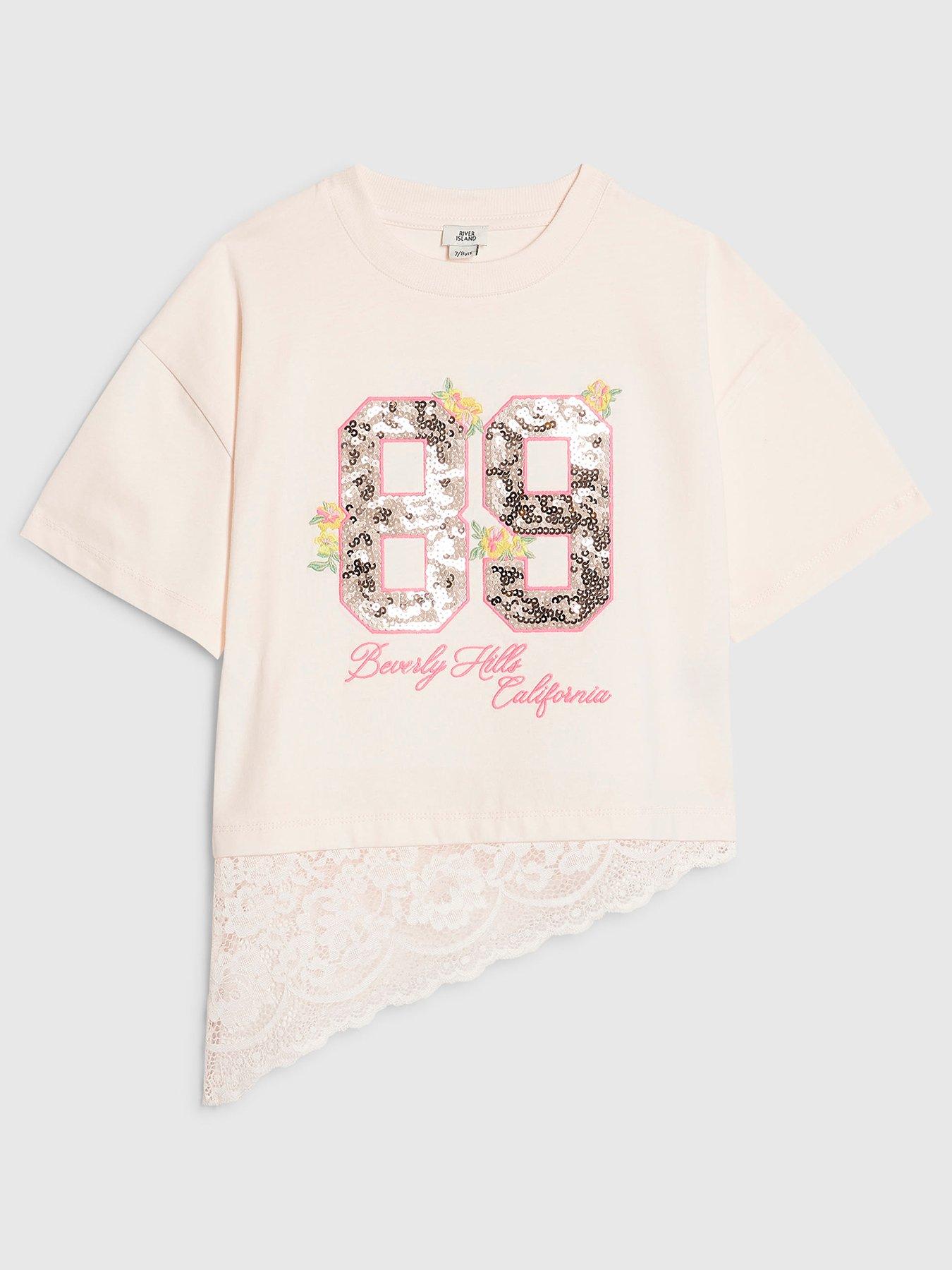 River Island Older Girls 89 Sequin Number Lace T-Shirt - Light Pink
