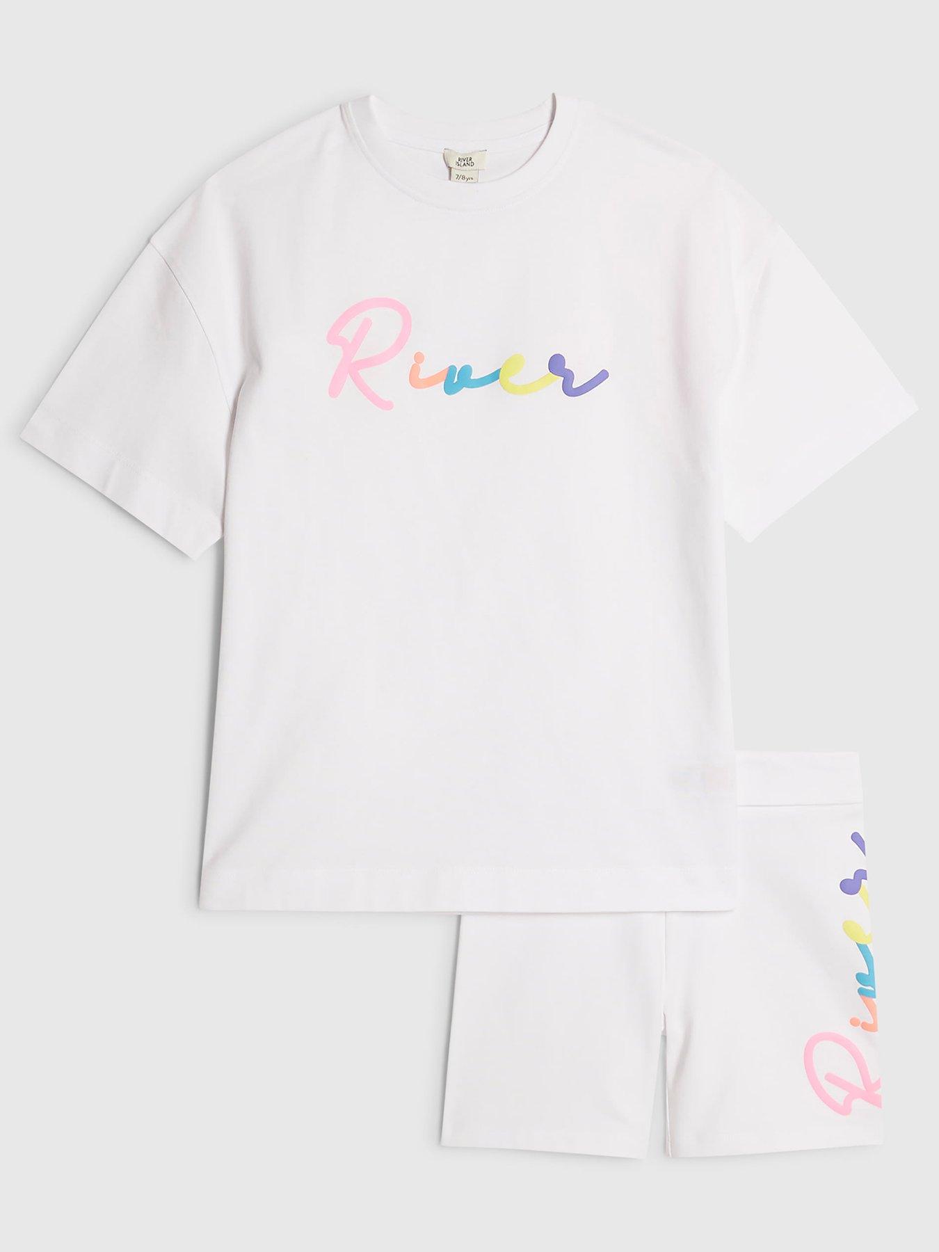River Island Older Girls Scripty Neon T-Shirt And Shorts Set - White