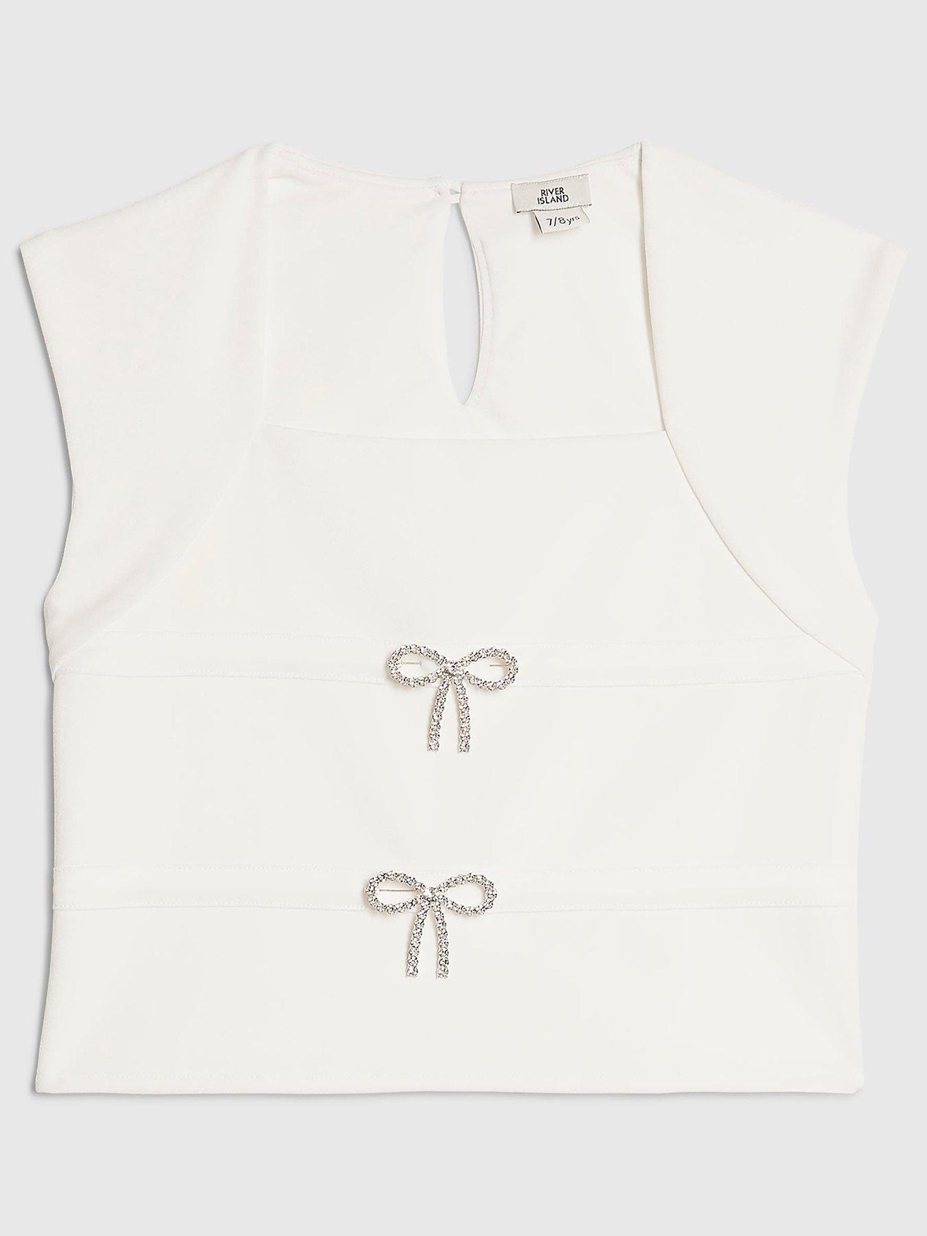 River Island Older Girls Textured Bow Top - White