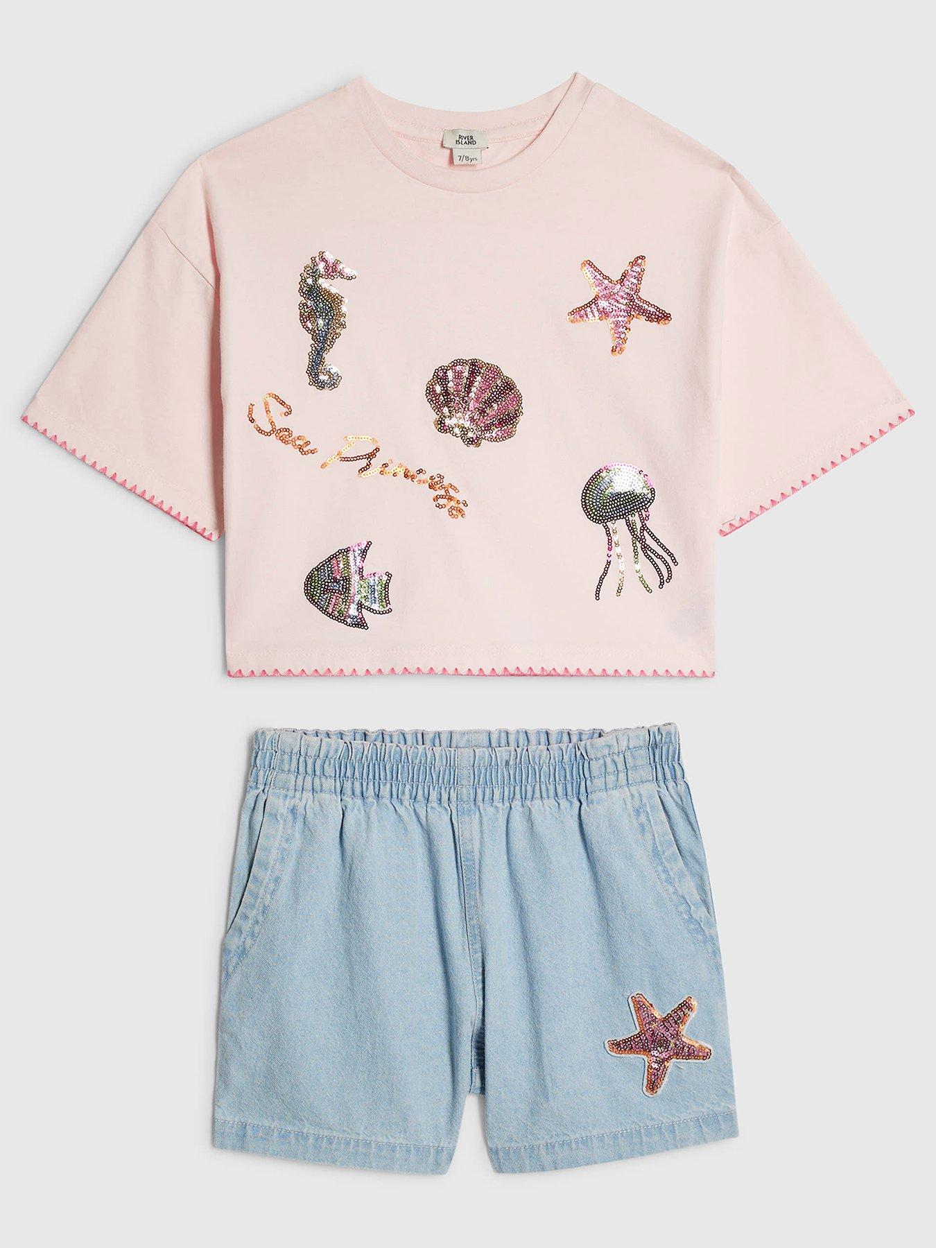 River Island Older Girls Sealife T-Shirt And Shorts Set - Pink/Blue