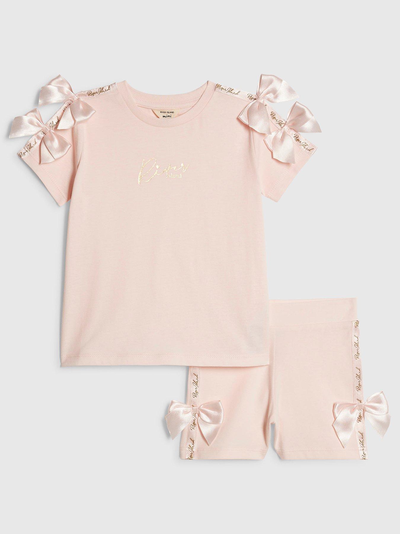 Image 1 of 5 of River Island Mini Girls Satin Bow Cycle Short Set - Pink