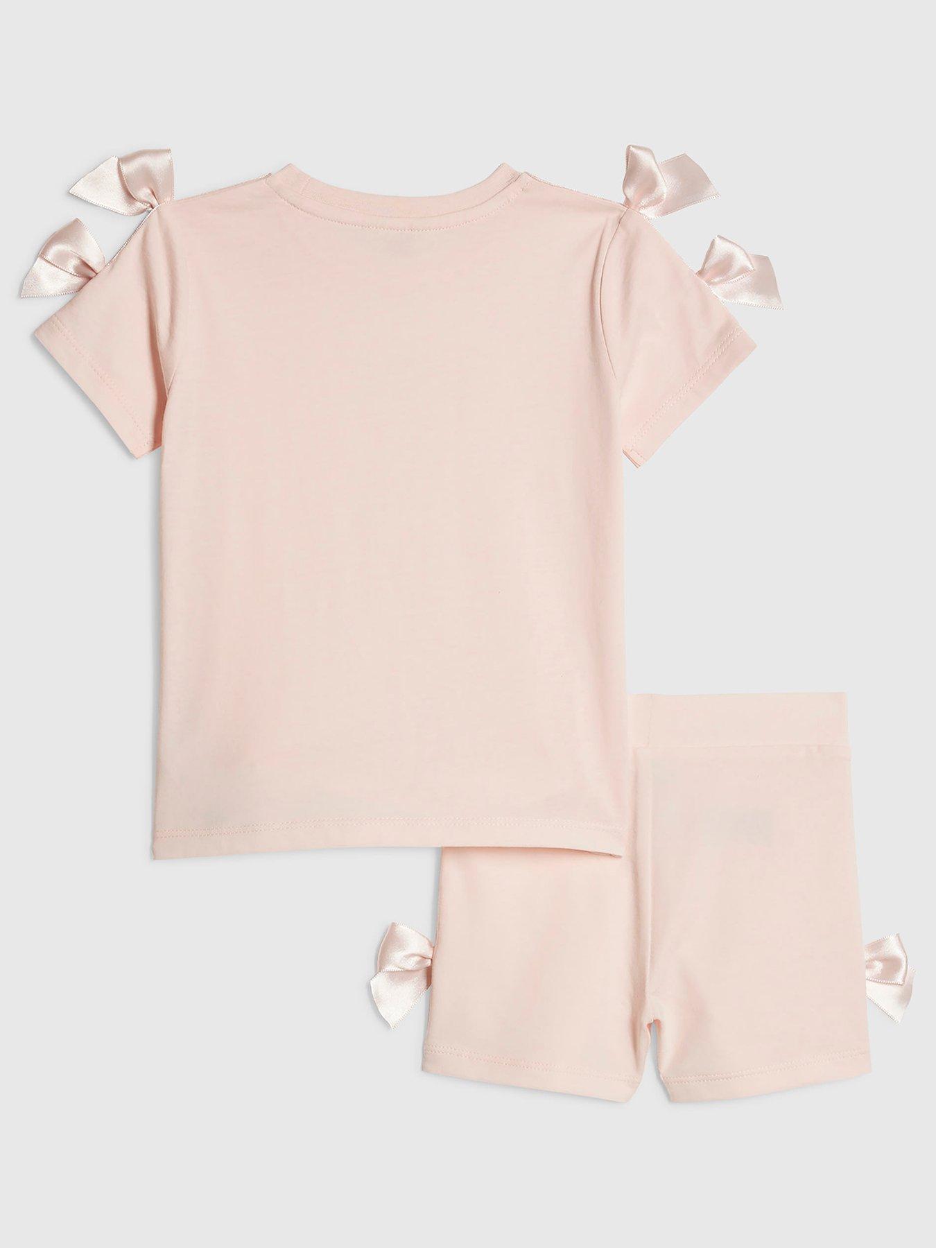 Image 2 of 5 of River Island Mini Girls Satin Bow Cycle Short Set - Pink