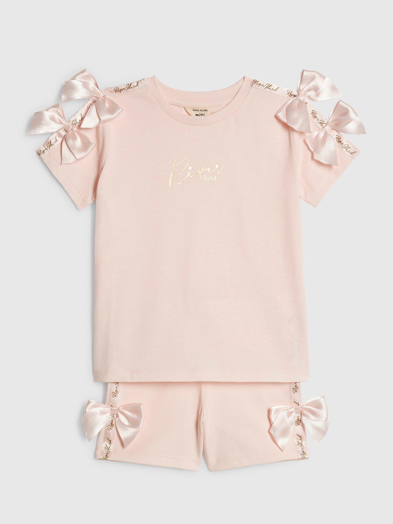Image 3 of 5 of River Island Mini Girls Satin Bow Cycle Short Set - Pink