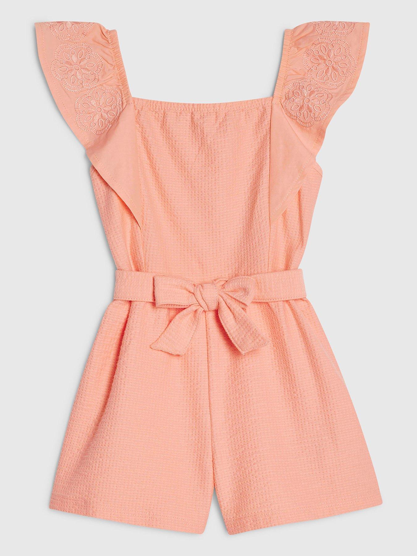 Image 1 of 3 of River Island Mini Girls Shirred Jersey Playsuit - Orange