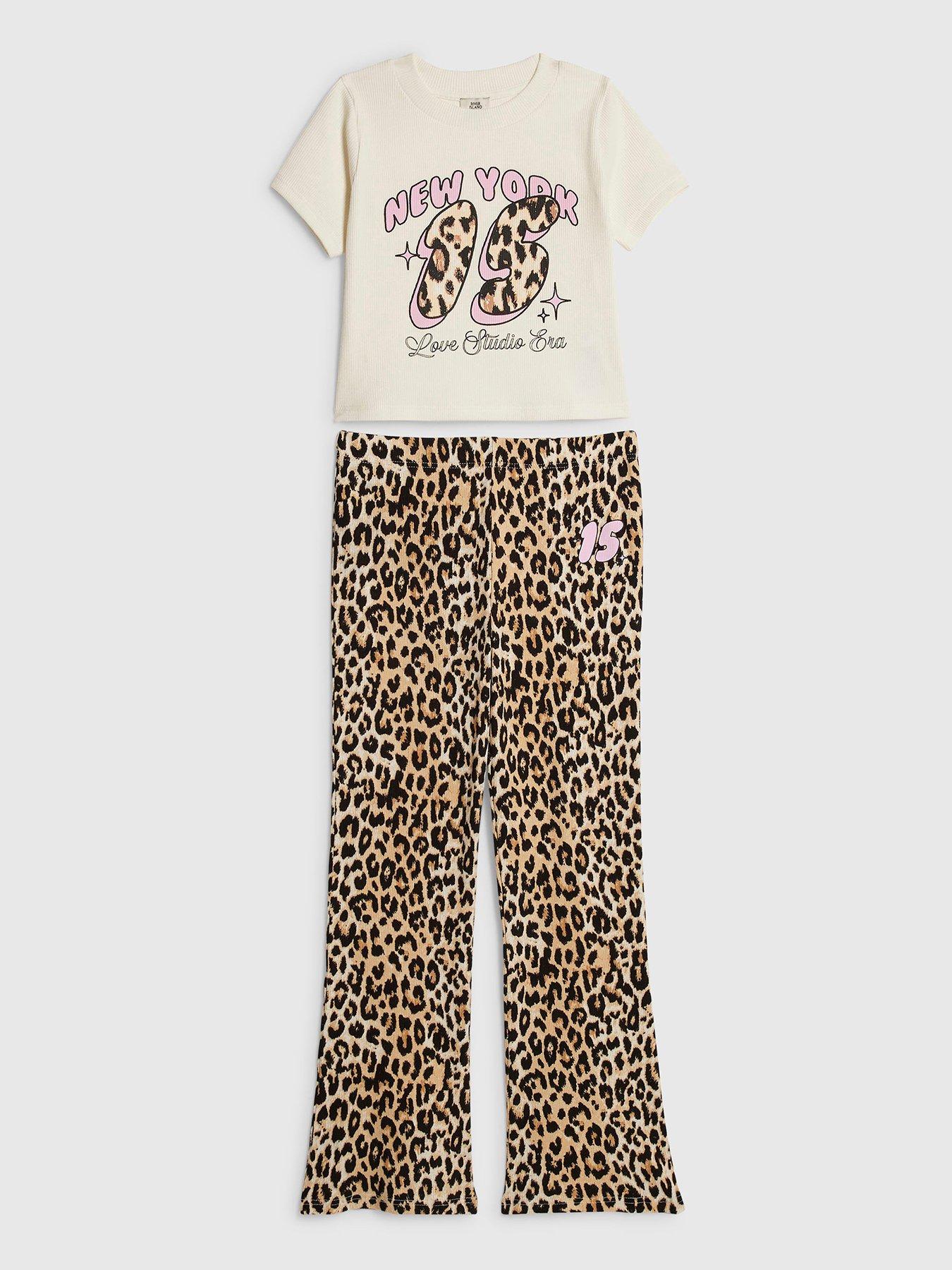 River Island Girls Leopard Print Flared Trousers Set - White