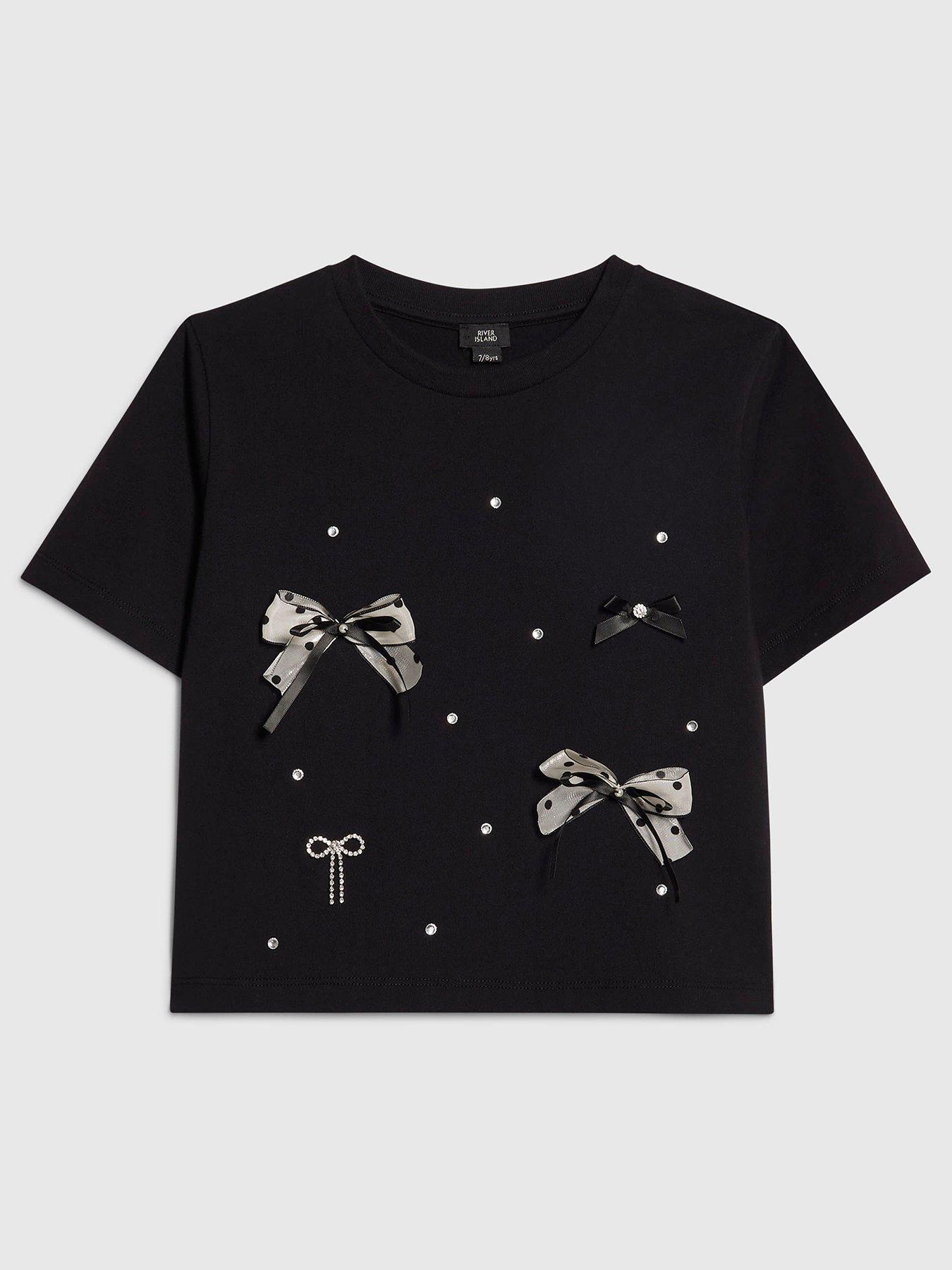 River Island Older Girls Bow Charm T-Shirt - Black