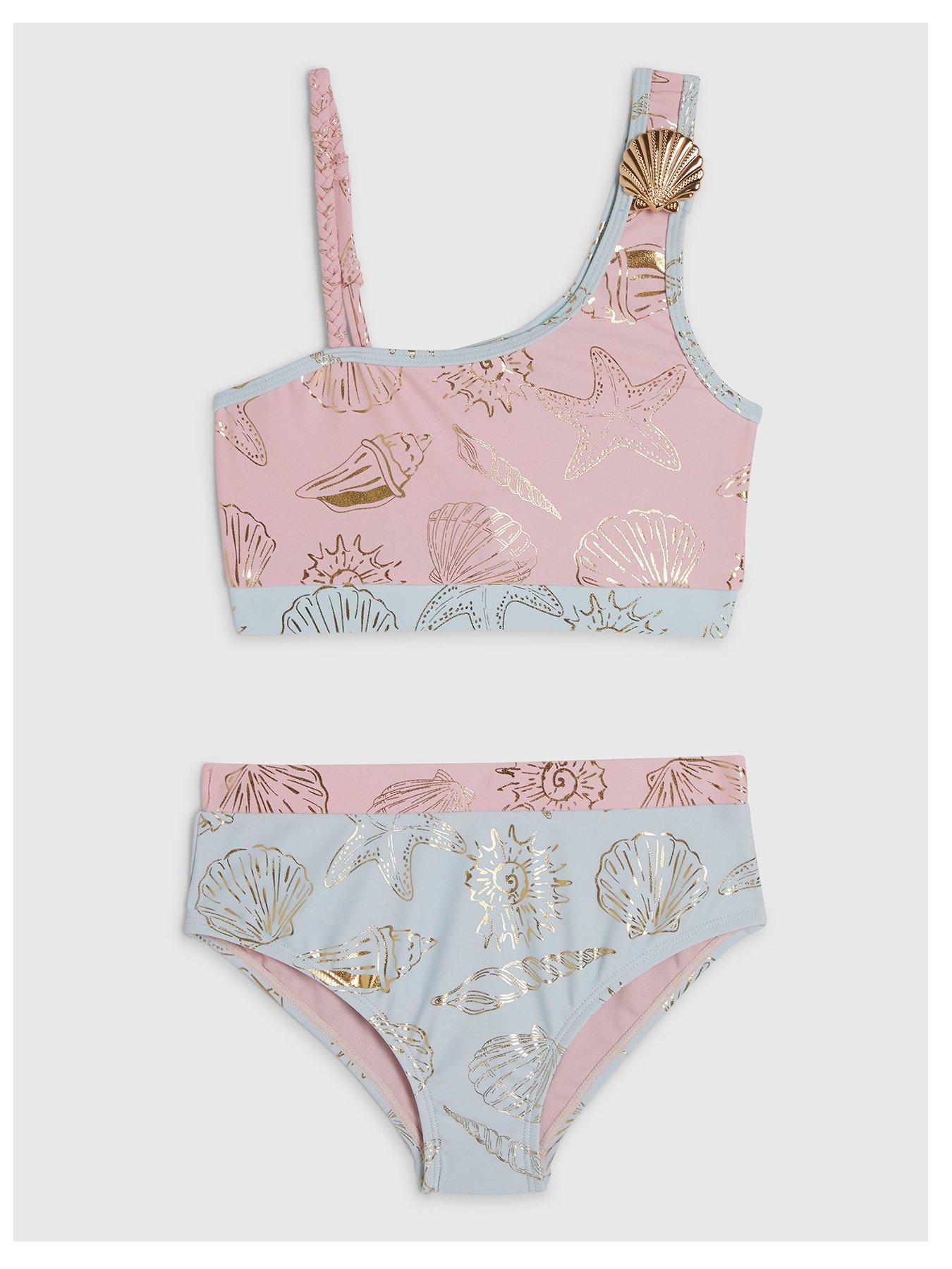 River Island Older Girls Foil Shell Asymmetric Bikini Set - Pink