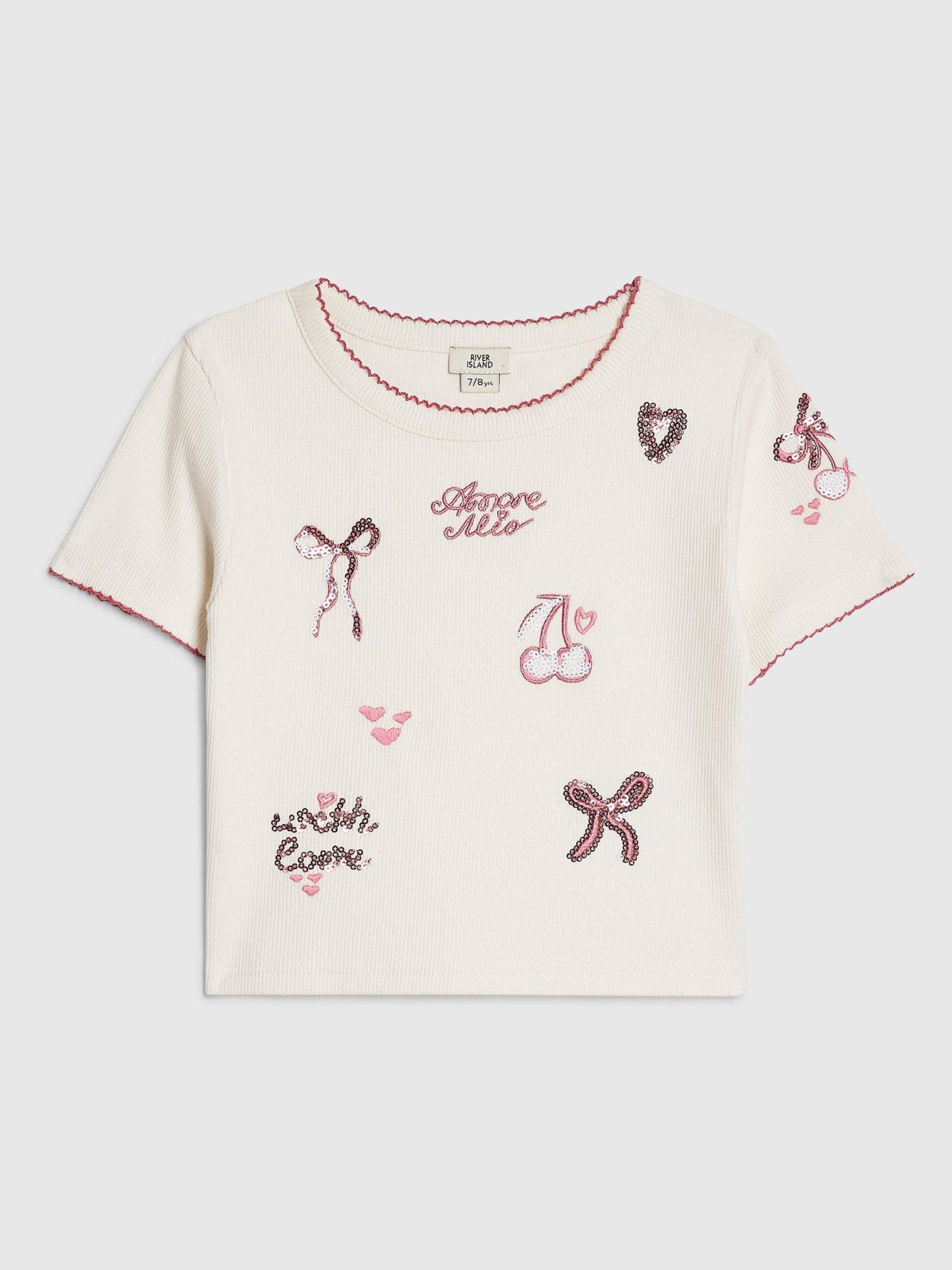 River Island Older Girls Sequin Embroidered T-Shirt - Cream in White