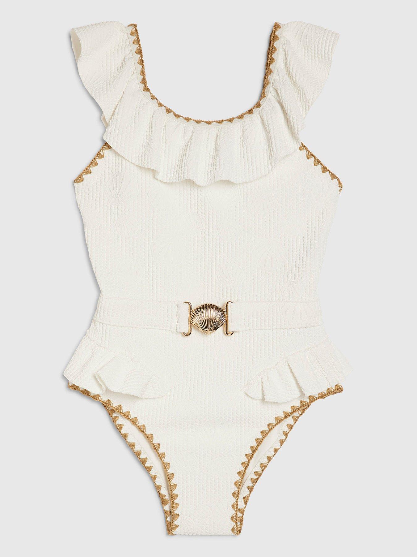 River Island Older Girls Shell Textured Belt Swimsuit - White