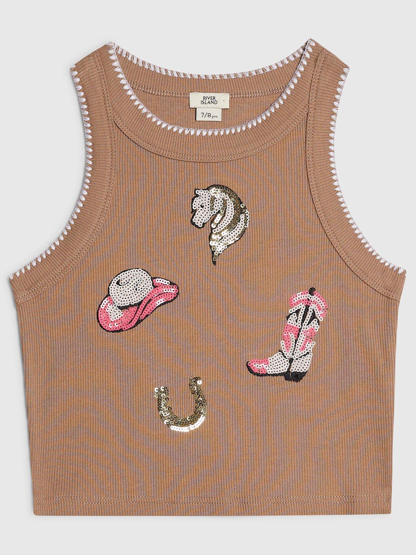 Image 1 of 4 of River Island Older Girls Embellished Cowboy Tank Top - Brown