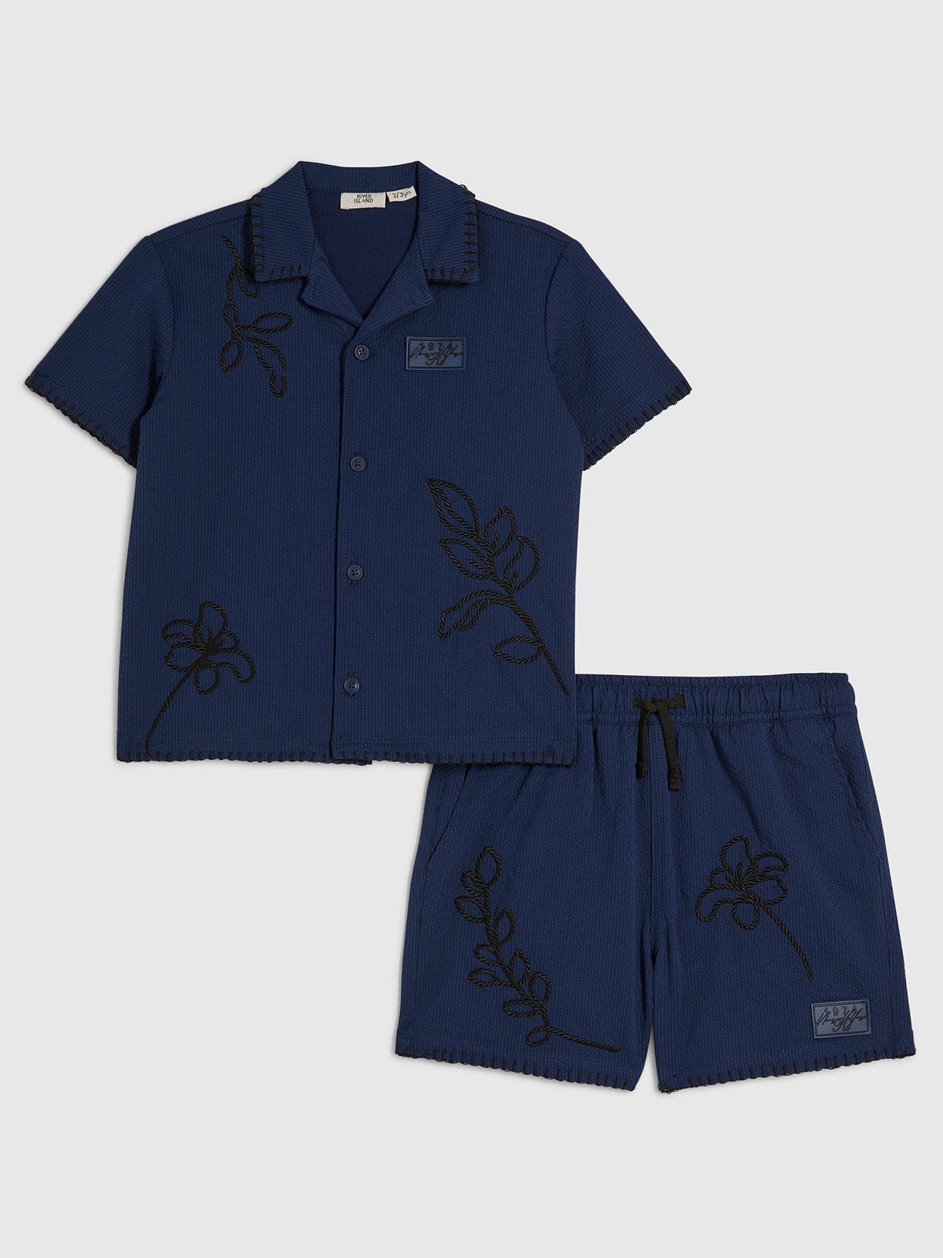 River Island Mini Boys Embroidered Back Print Floral Swim Set - Blue - Navy