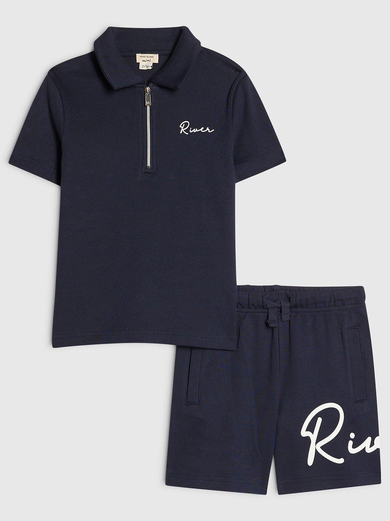 River Island Mini Boys Scripty Polo Shirt And Shorts Set - Navy