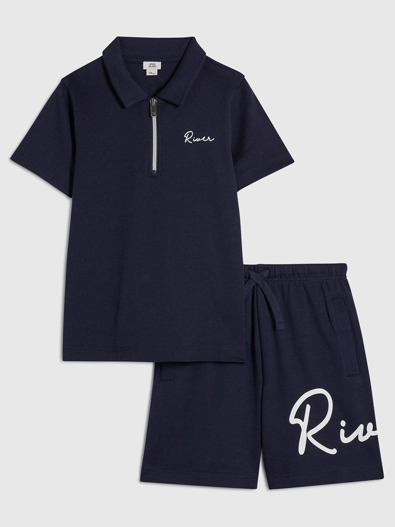 Image 1 of 5 of River Island Older Boys Scripty Polo Shirt And Shorts Set - Navy