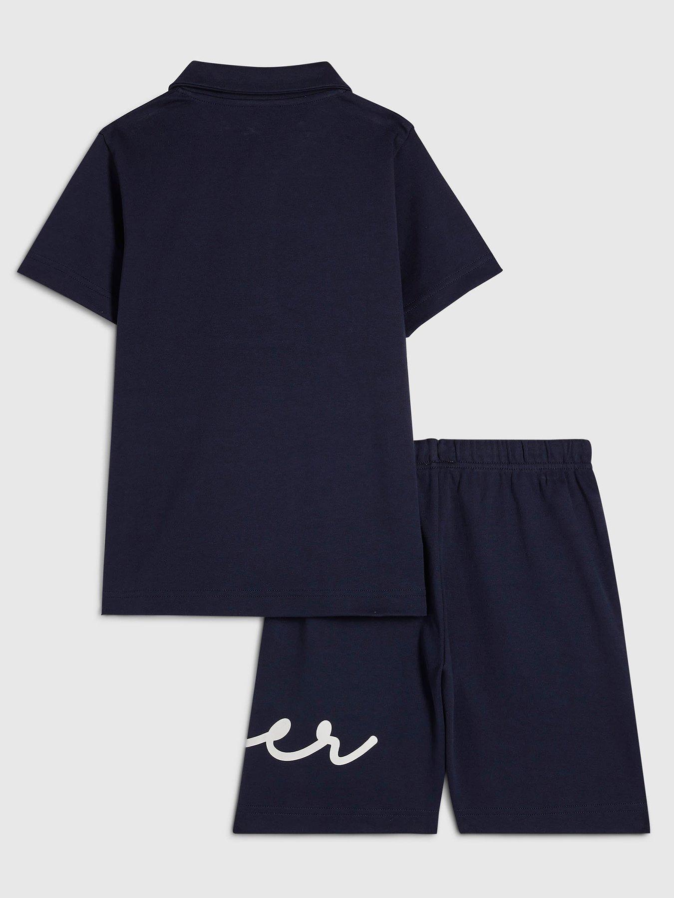 Image 2 of 5 of River Island Older Boys Scripty Polo Shirt And Shorts Set - Navy