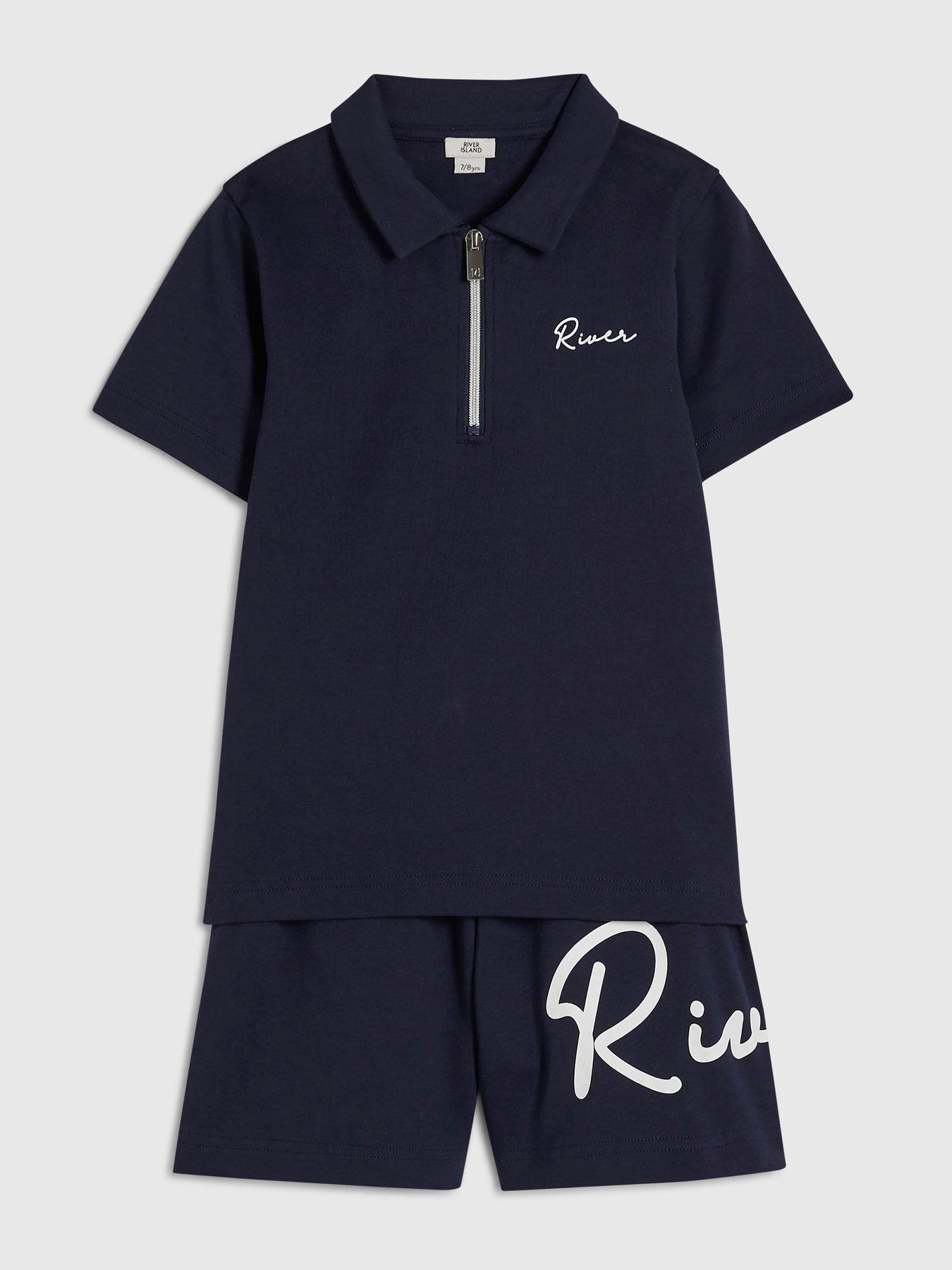 Image 3 of 5 of River Island Older Boys Scripty Polo Shirt And Shorts Set - Navy