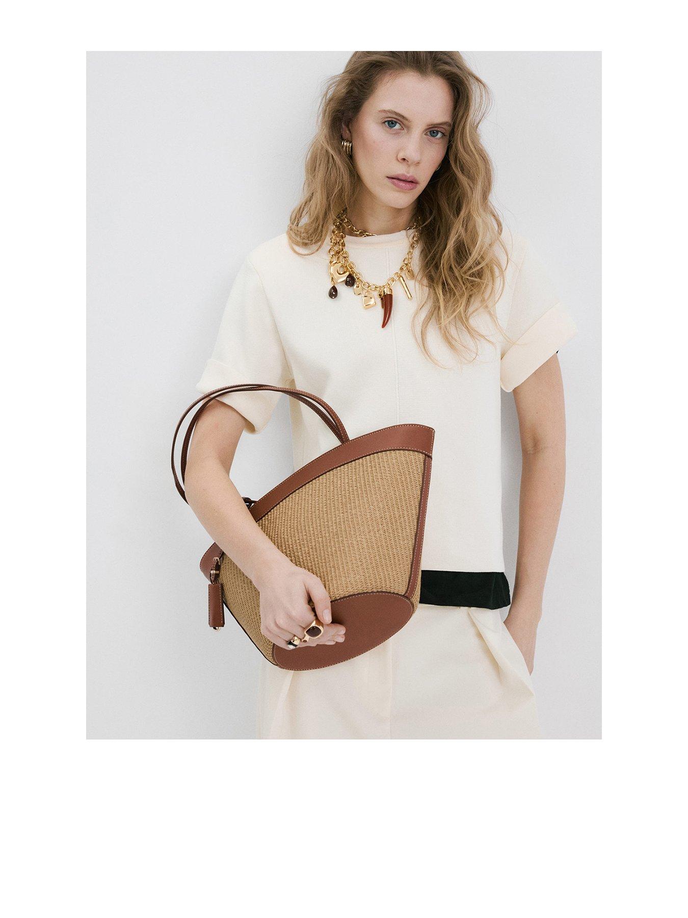 Image 1 of 6 of Mango Contrast Canvas Shopper Bag - Brown