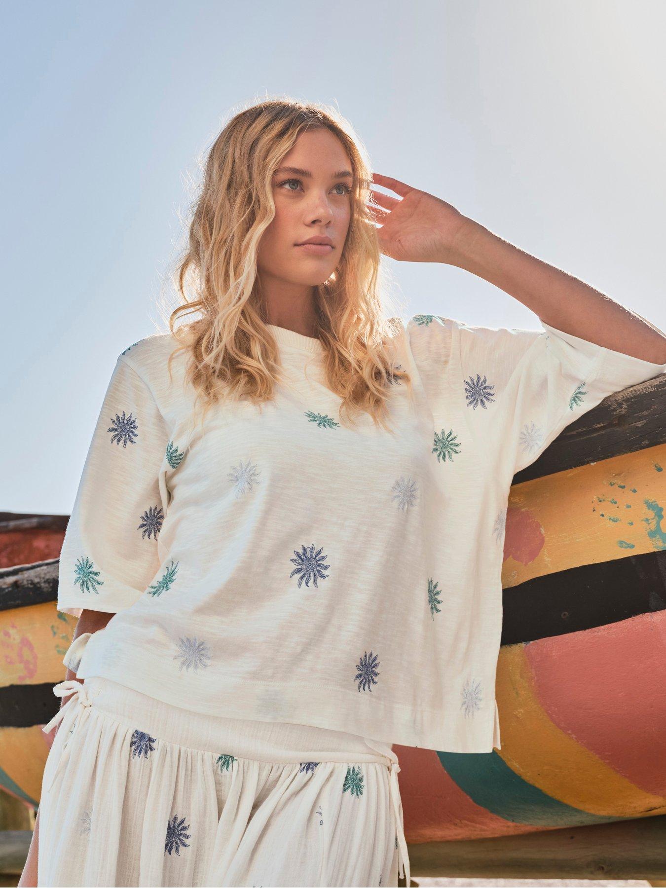 Image 1 of 7 of FatFace Kate Sun Tile Embroidered Top - Cream