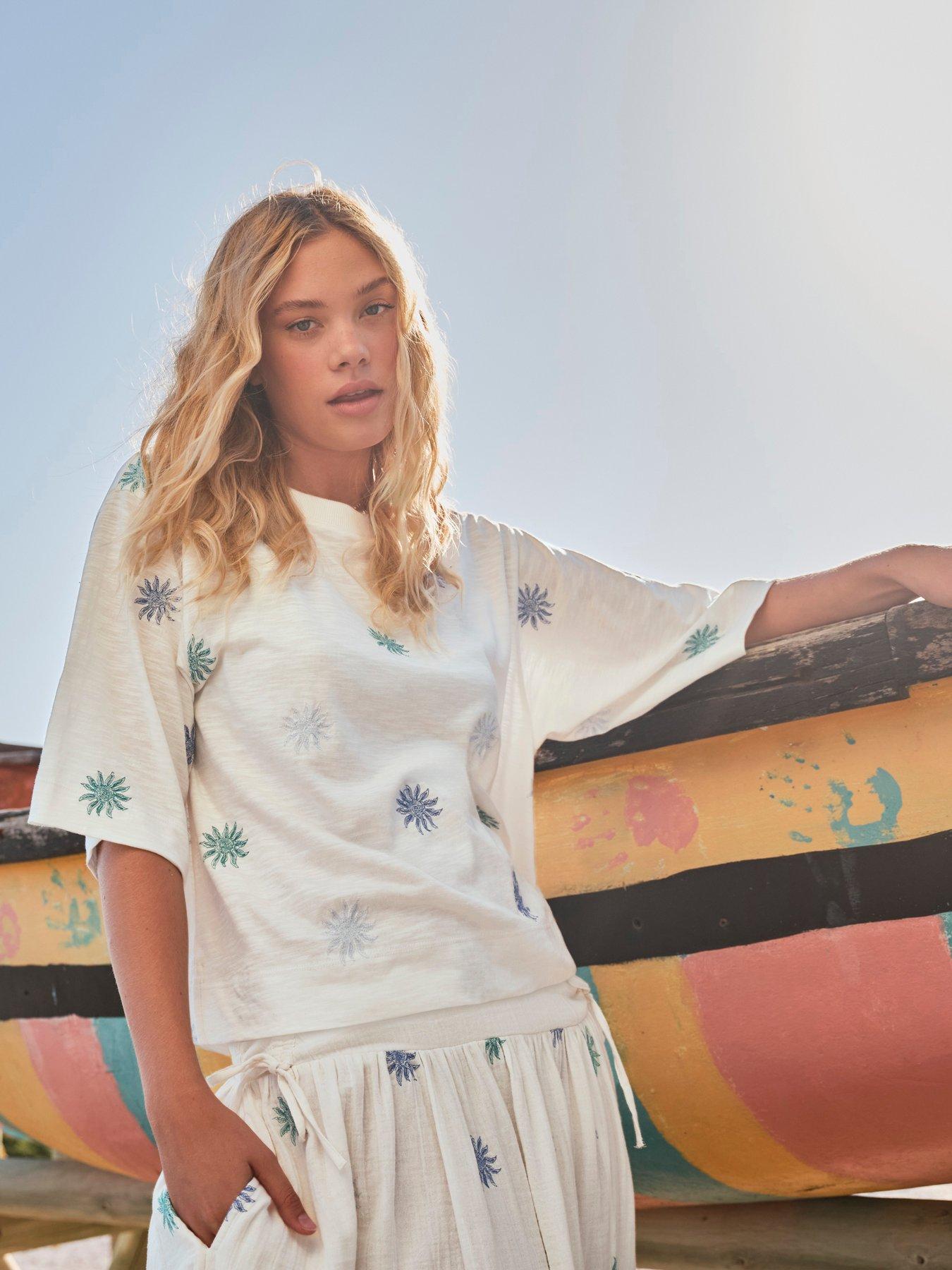 Image 6 of 7 of FatFace Kate Sun Tile Embroidered Top - Cream