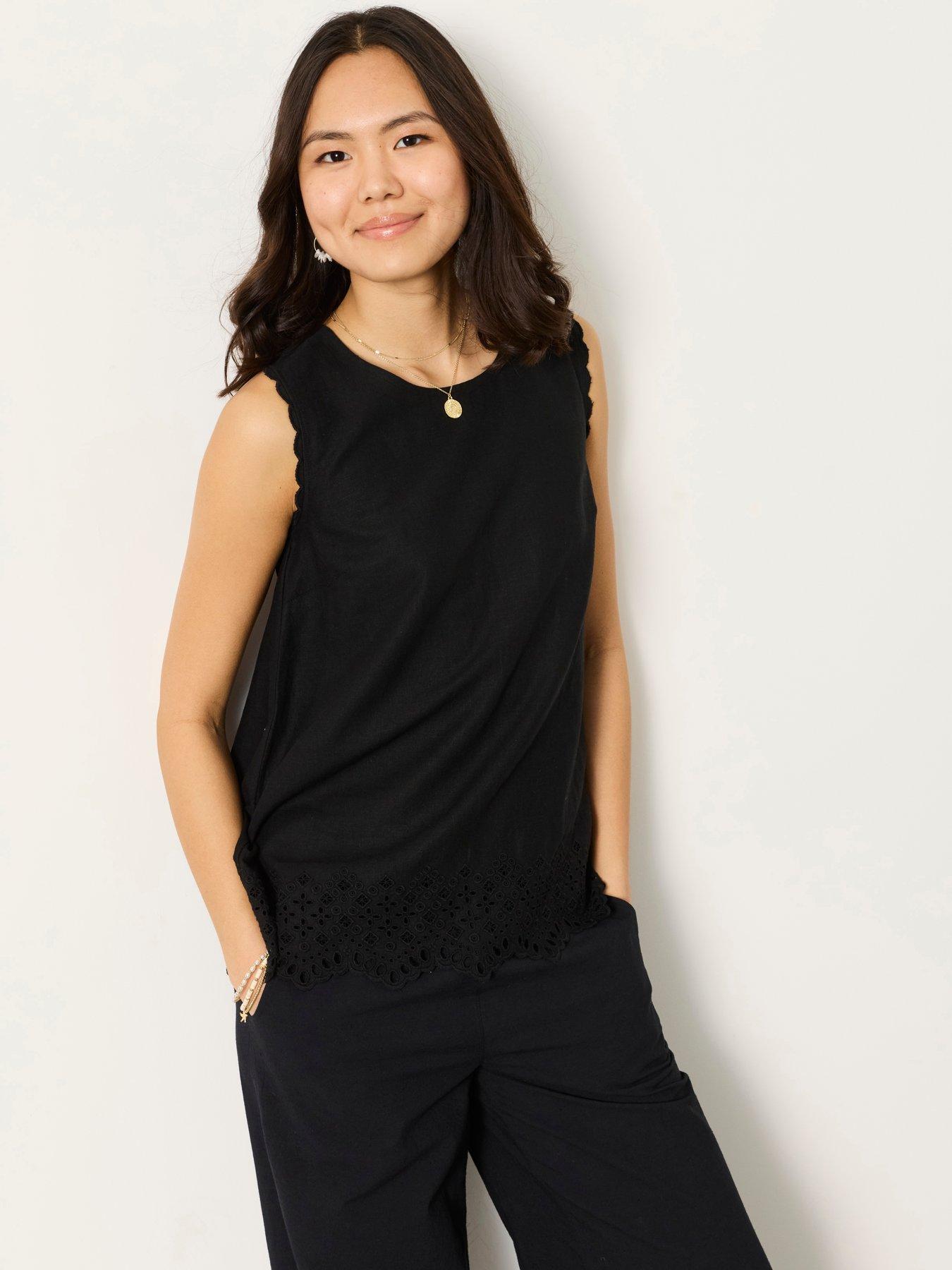 FatFace Ella Broderie Cami Top - Black