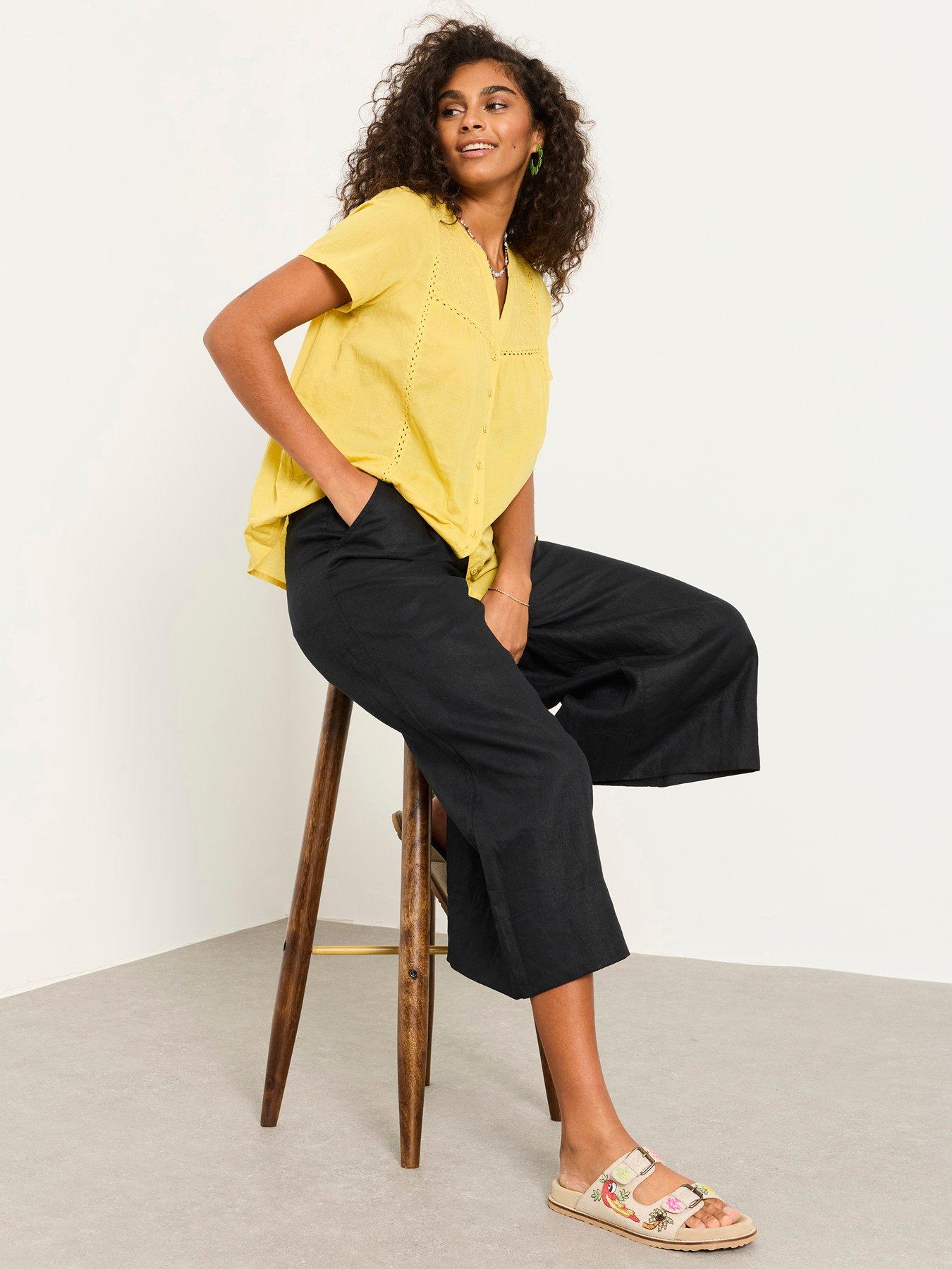Image 1 of 6 of FatFace Anya Linen Crop Trousers - Black
