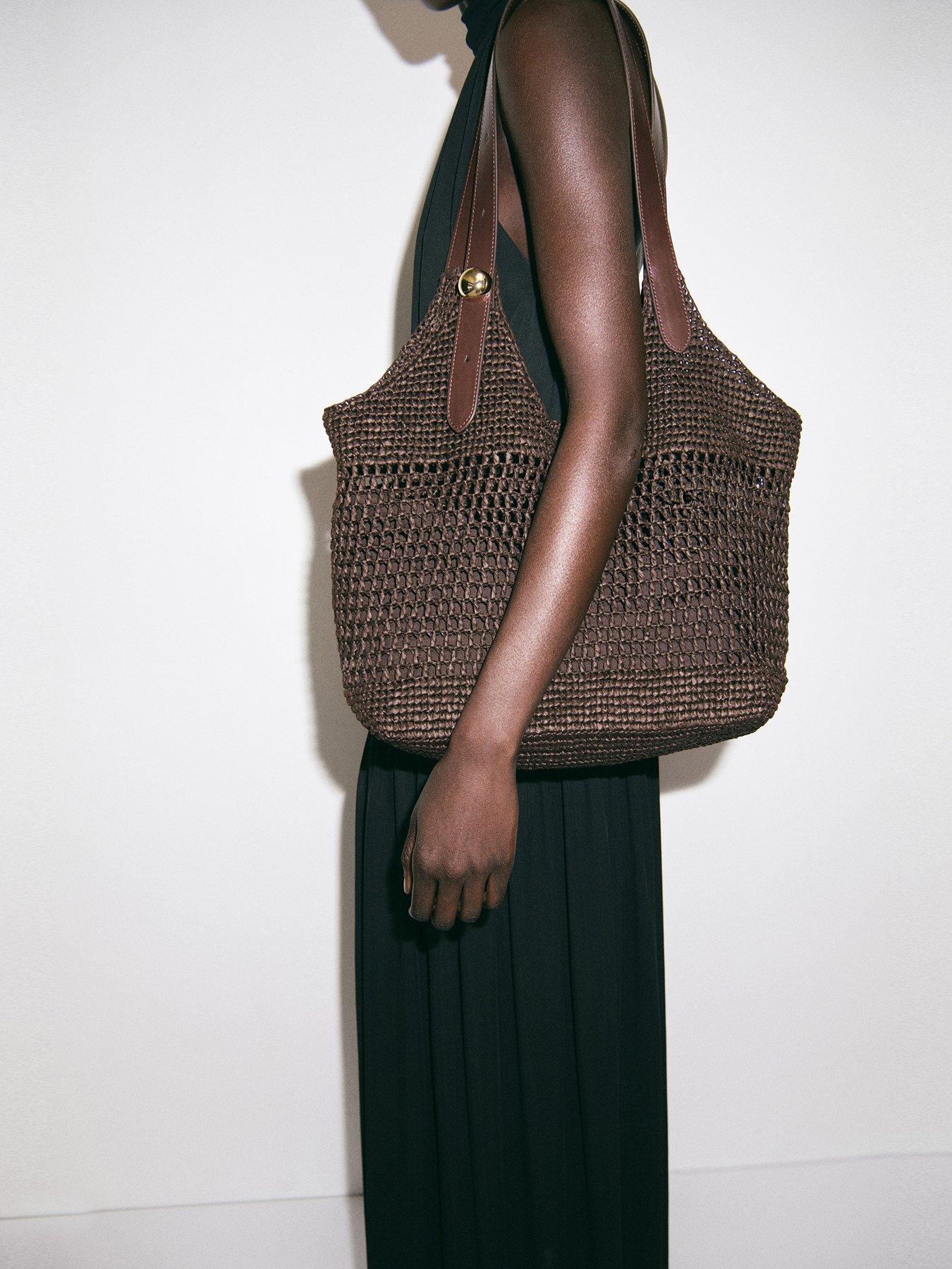 Mango Natural Fibre Shopper Bag With Metallic Detail - Brown