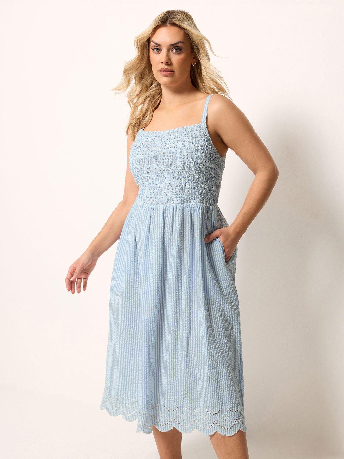 Yours Curve Striped Broderie Shirred Dress - Blue