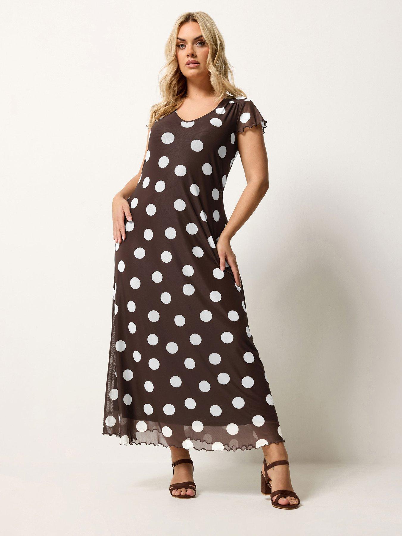 Image 1 of 5 of Yours Curve Mesh Polka Dot Print Maxi Dress - Brown