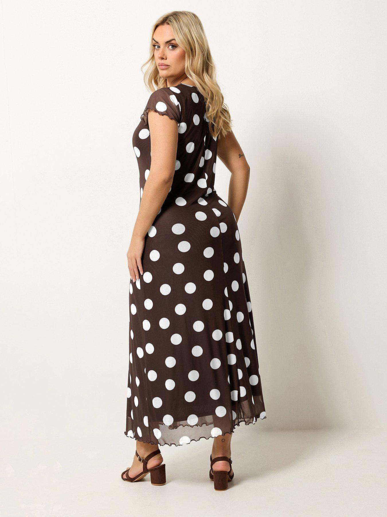 Image 2 of 5 of Yours Curve Mesh Polka Dot Print Maxi Dress - Brown