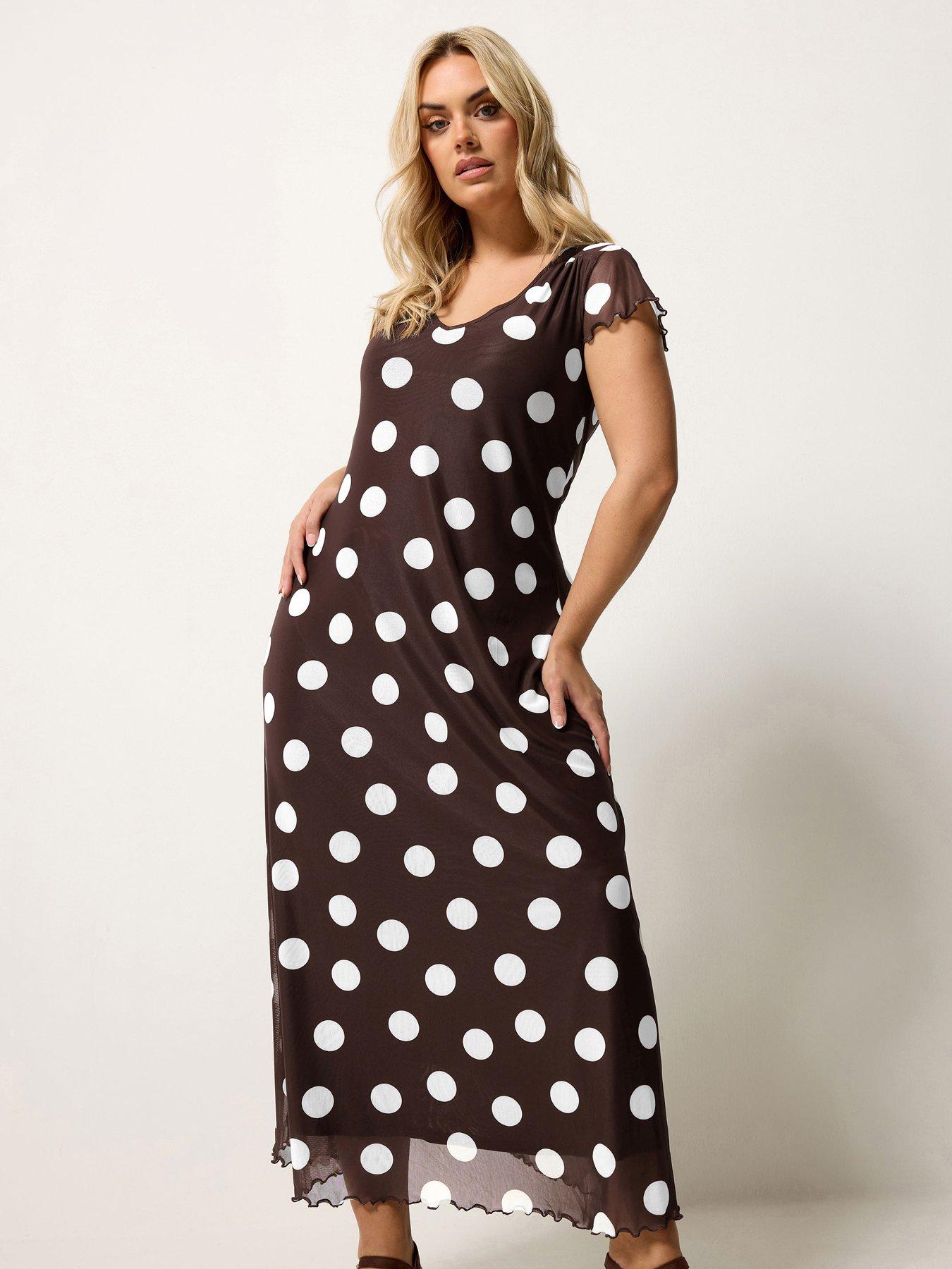 Image 3 of 5 of Yours Curve Mesh Polka Dot Print Maxi Dress - Brown