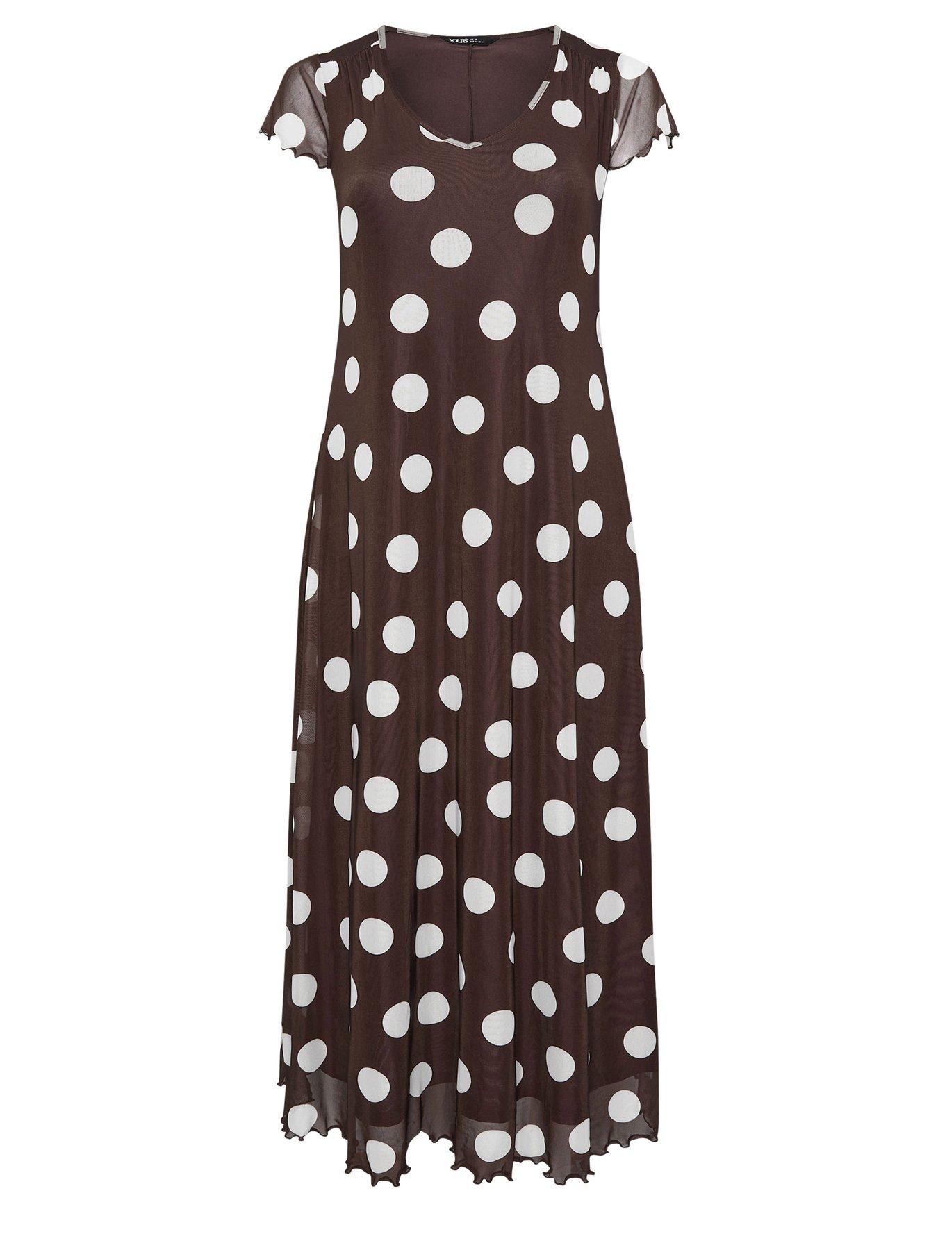 Image 5 of 5 of Yours Curve Mesh Polka Dot Print Maxi Dress - Brown